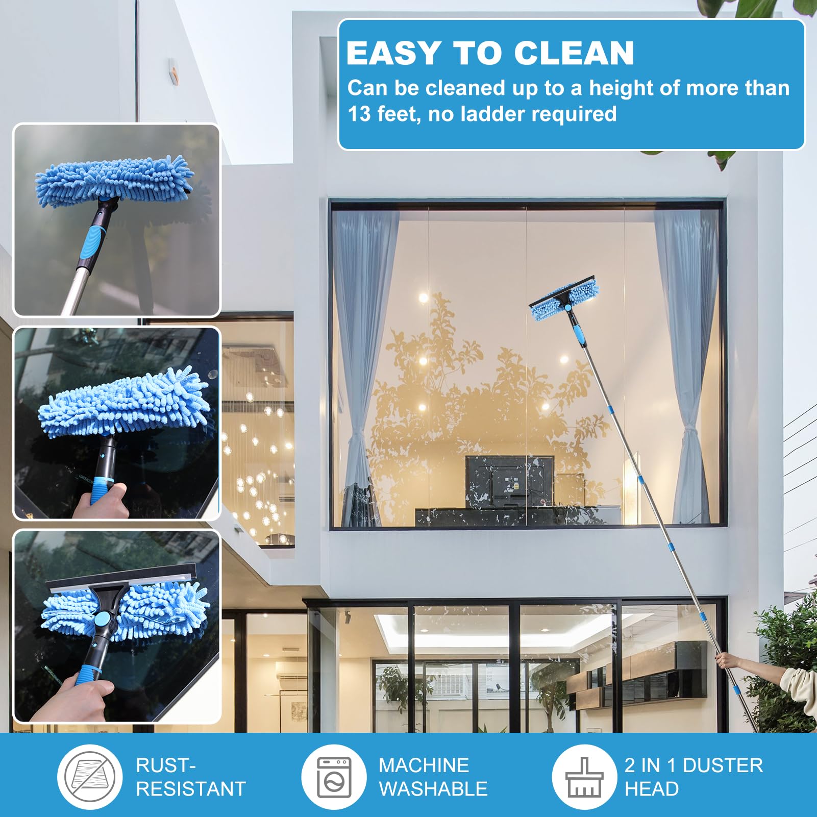 High Reach Duster Kit with14 ft Extension Pole High Ceiling Dusting and Window Cleaning Kit with Spliceable Pole