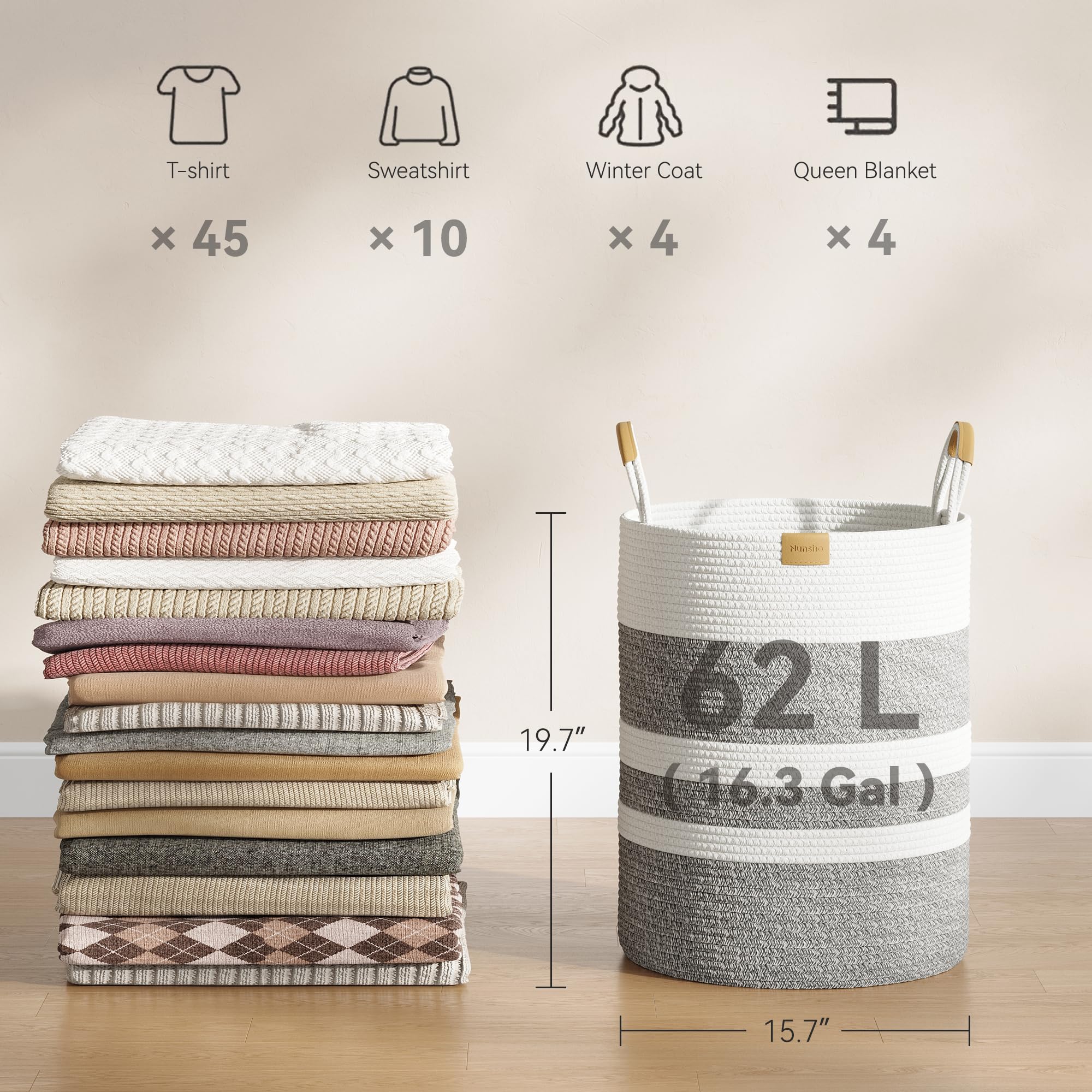 62L Striped Laundry Hamper with Leather Handles