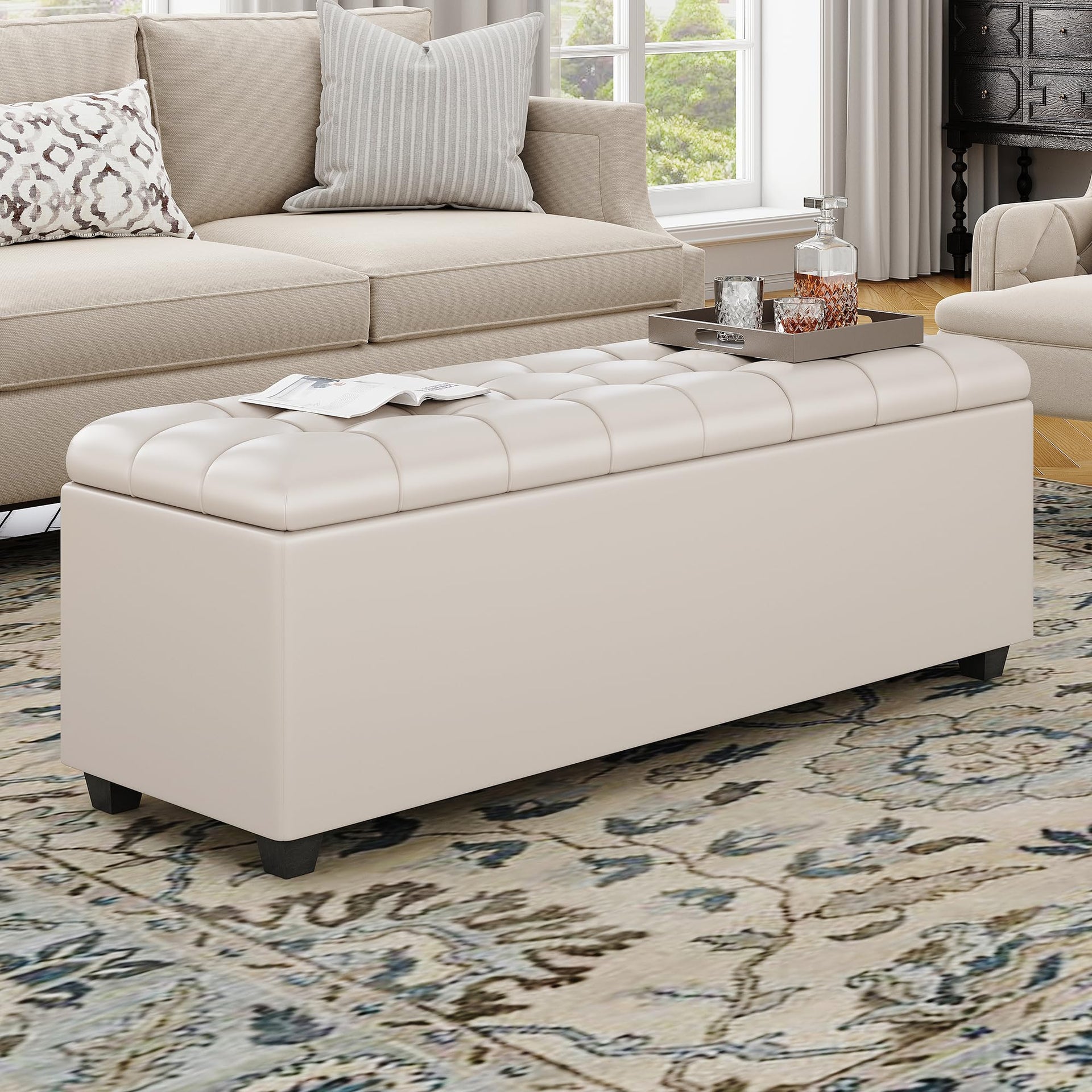 38" White Faux Leather Ottoman Storage Bench with Hinged Lid and Foot Rest