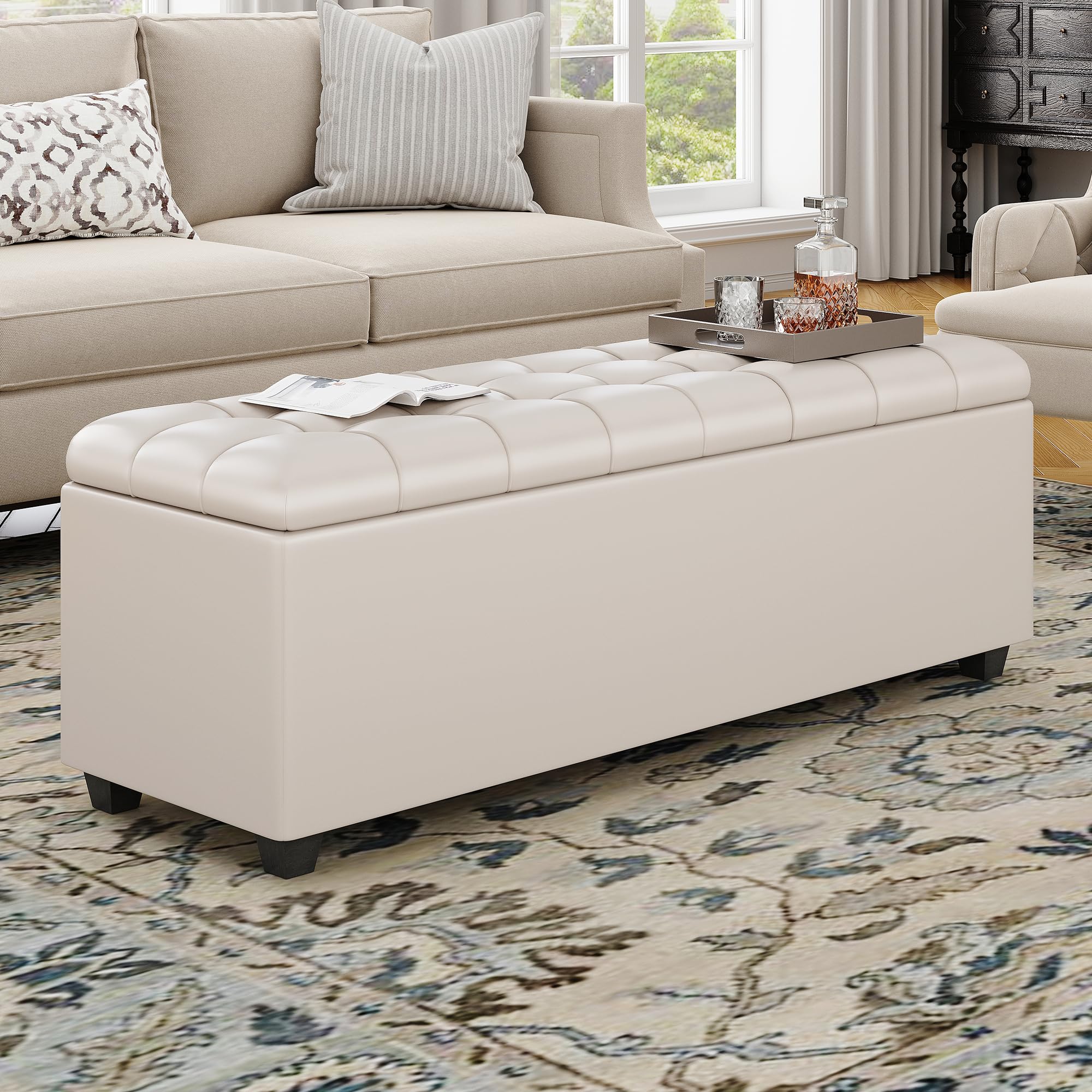 38" White Faux Leather Ottoman Storage Bench with Hinged Lid and Foot Rest