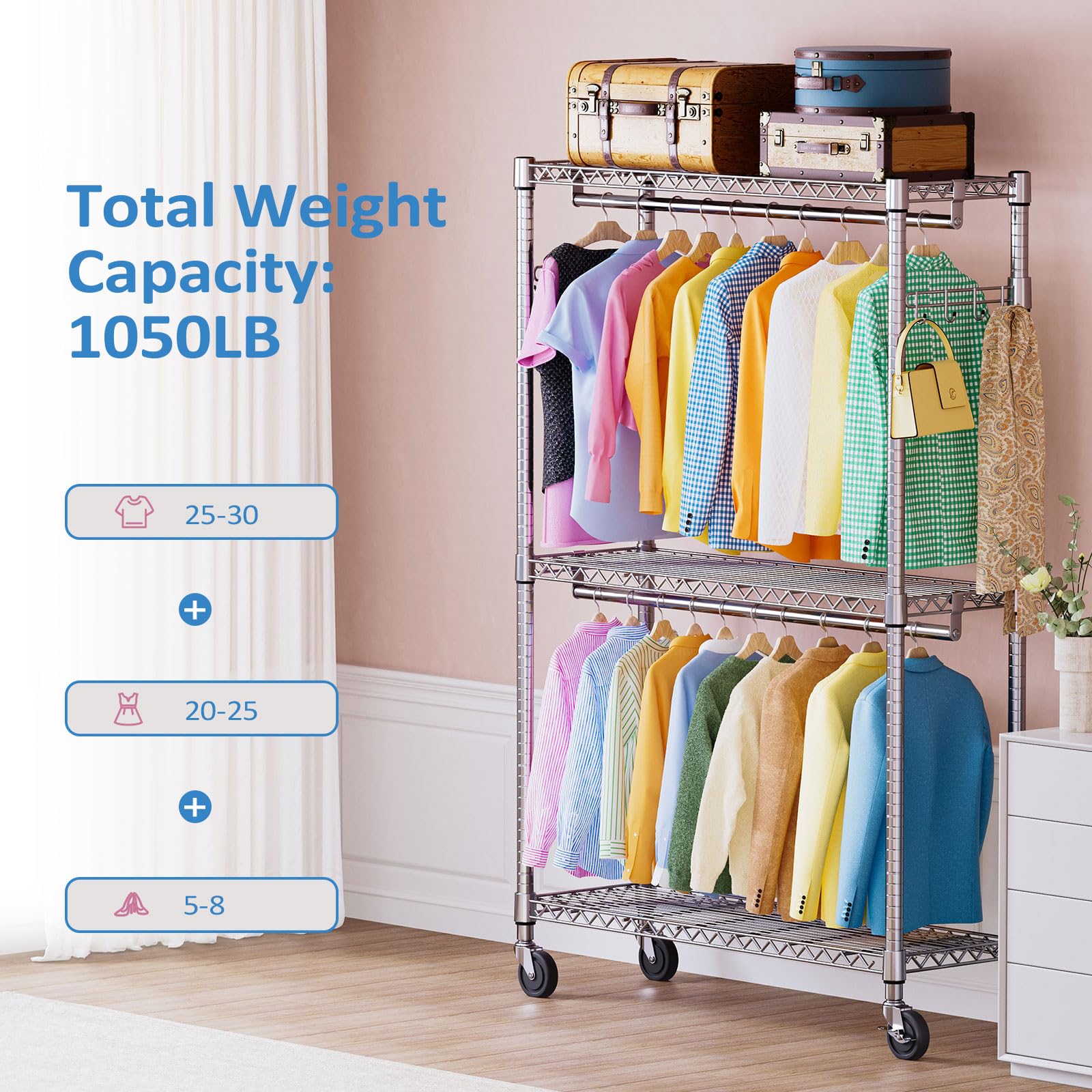 Heavy Duty Rolling Garment Rack Wire Clothes Rack for Hanging Clothes