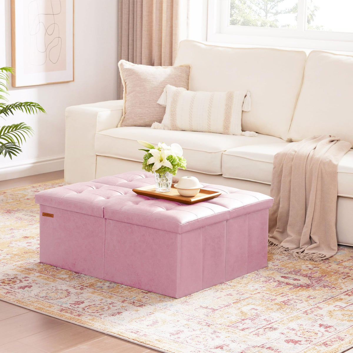 Ottoman with Storage Bench Folding Foot Rest Stool Pink