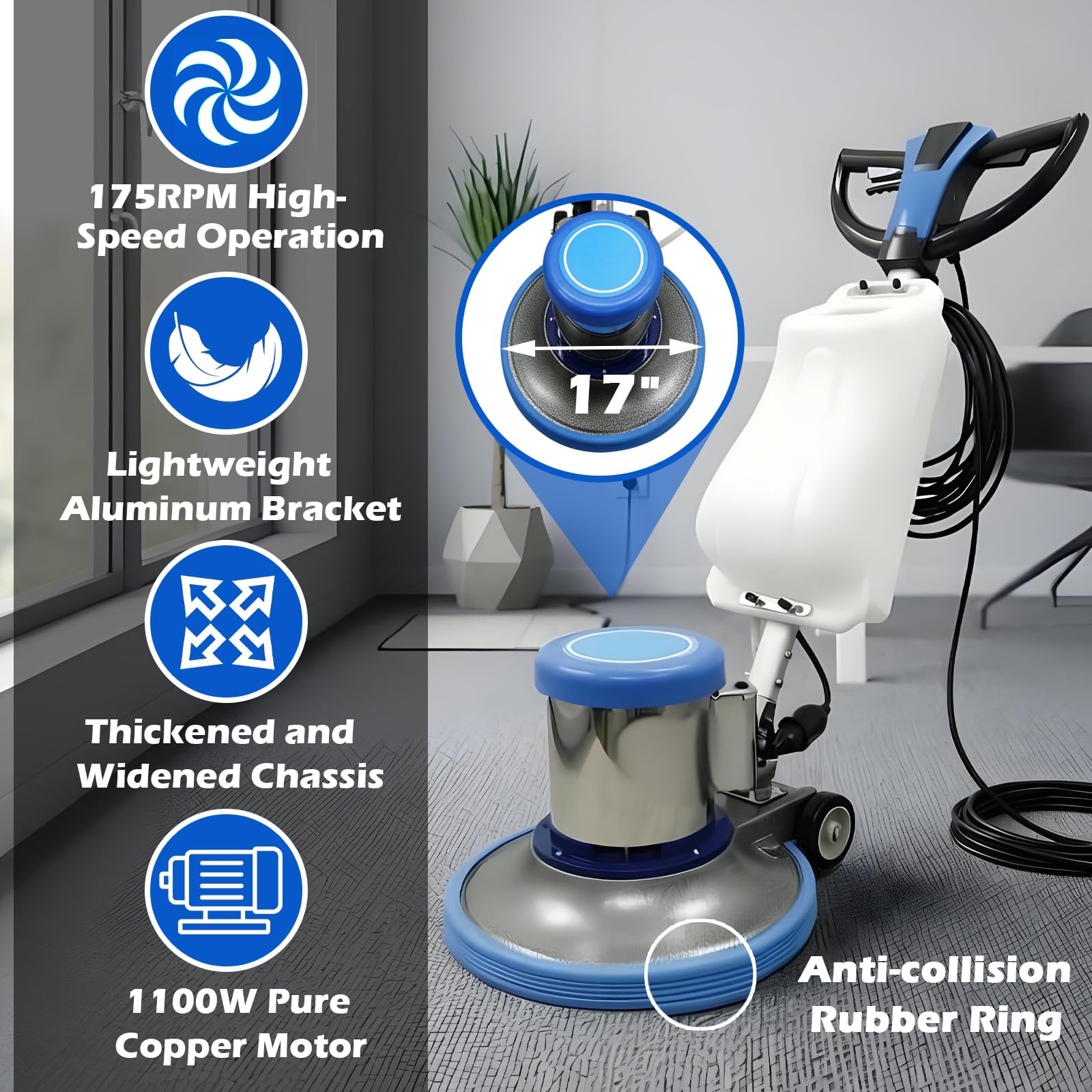 Floor Polisher Commercial Floor Buffer Scrubber Buffer Polisher Machine 17" Carpet Cleaning Machine Industrial Orbiter Floor Cleaning 175RPM with 3gal Tank and 3 Brush heads