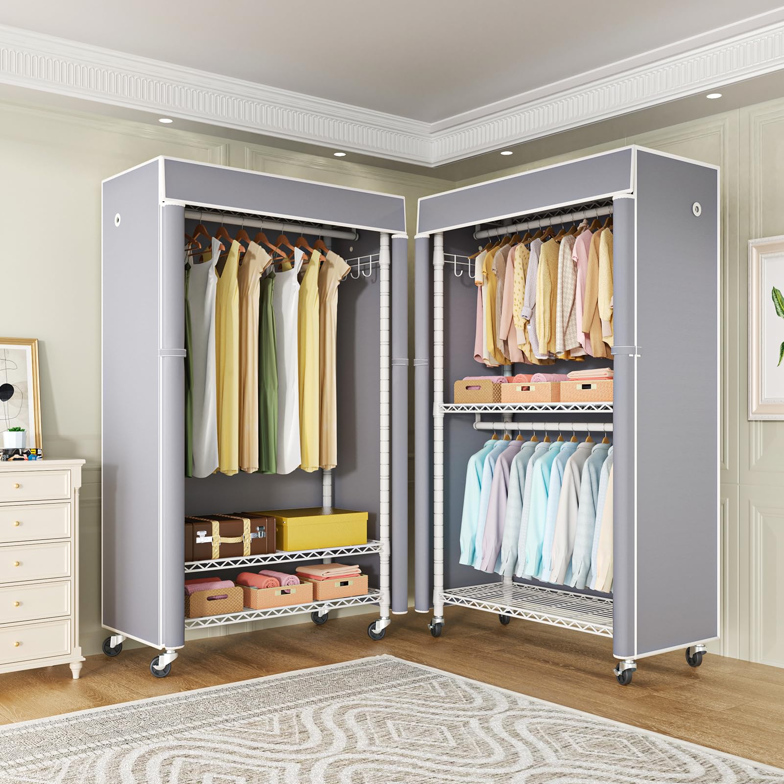 White Clothing Rack with Grey Cover