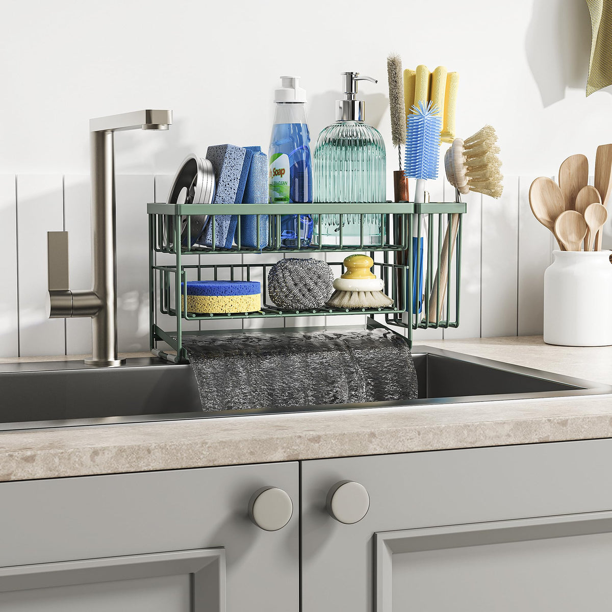 Sage Green 2 Tier Kitchen Sink Caddy Organzier Rack with Flexible Dish Brush Holder