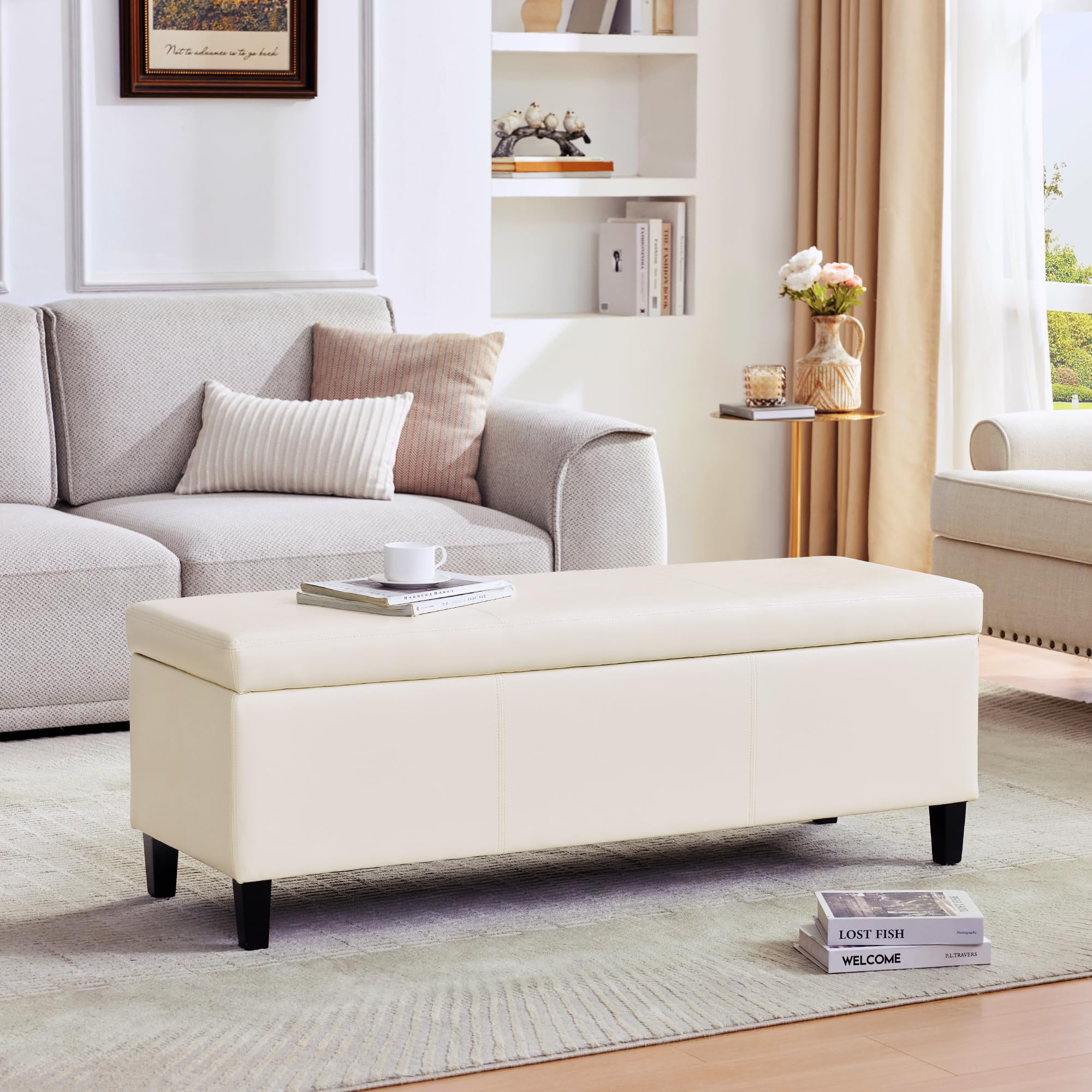 Faux Leather Storage Ottoman Bench 50.3 inch Extra Long Upholstered Bedroom Bench with Large Storage Space for The Living Room