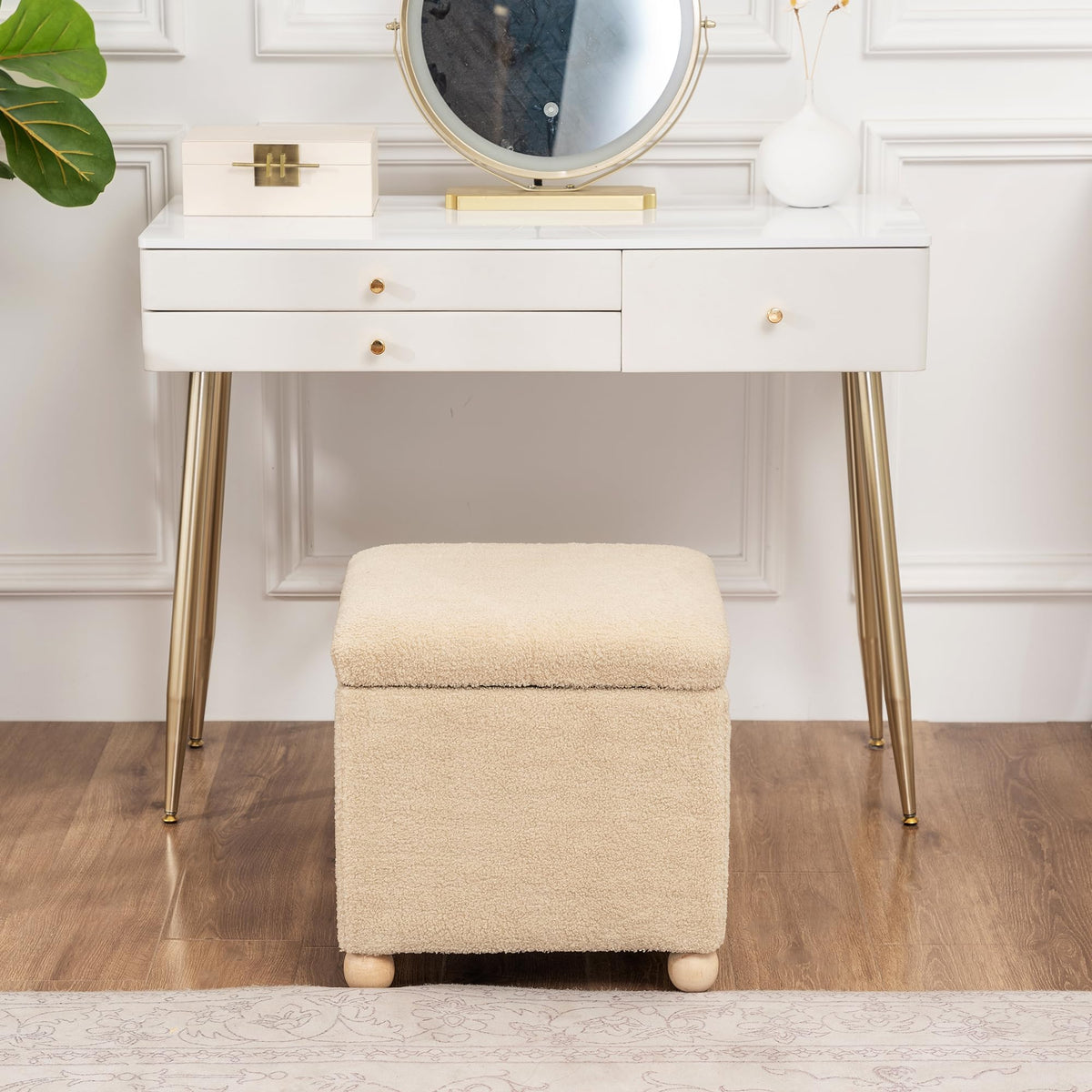 17.3" Modern Oatmeal Teddy Velvet Storage Ottoman