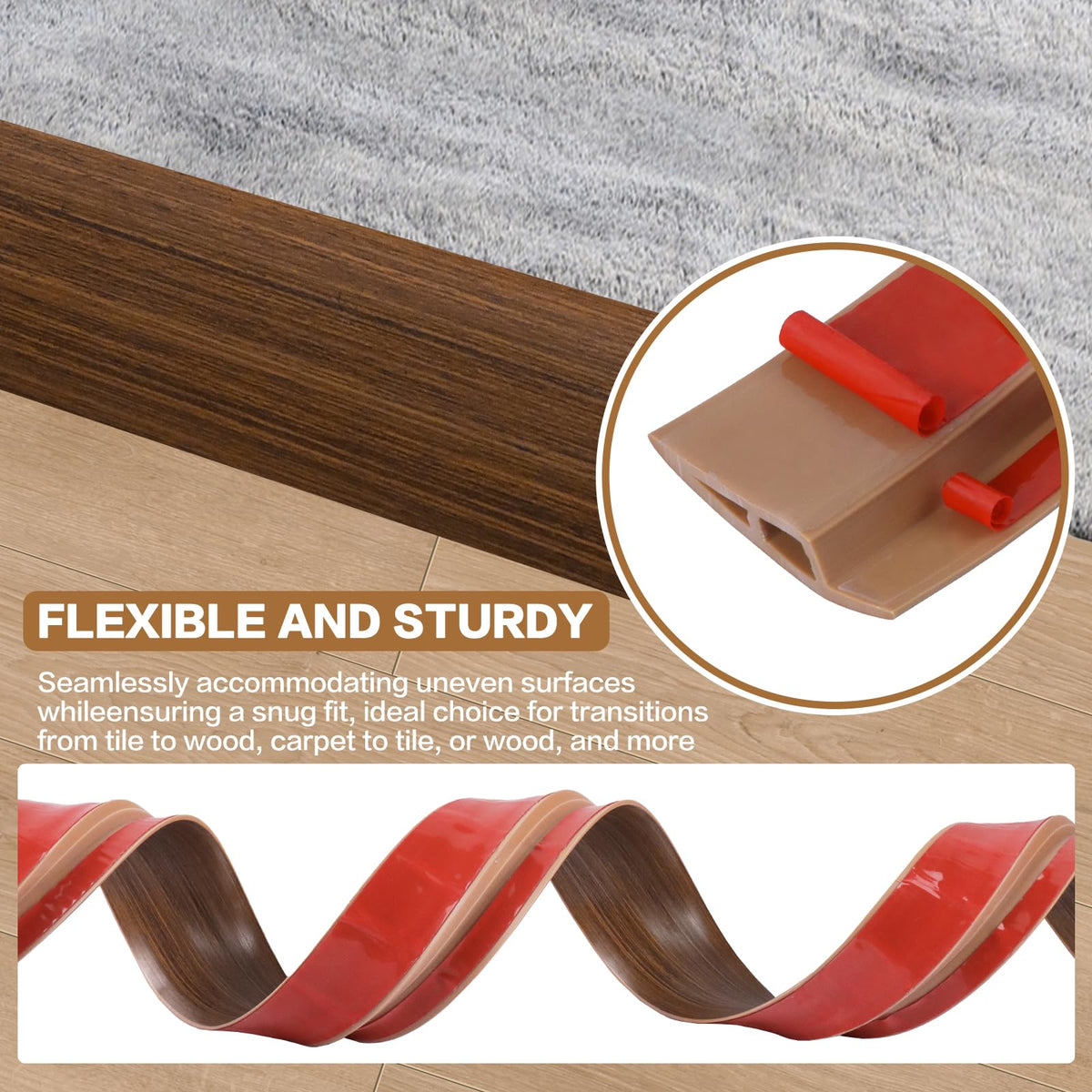 Floor Transition Strip Vinyl Door Threshold Ramp Self Adhesive Carpet Edging Strip Doorway Edge Trim (6.6 Foot)