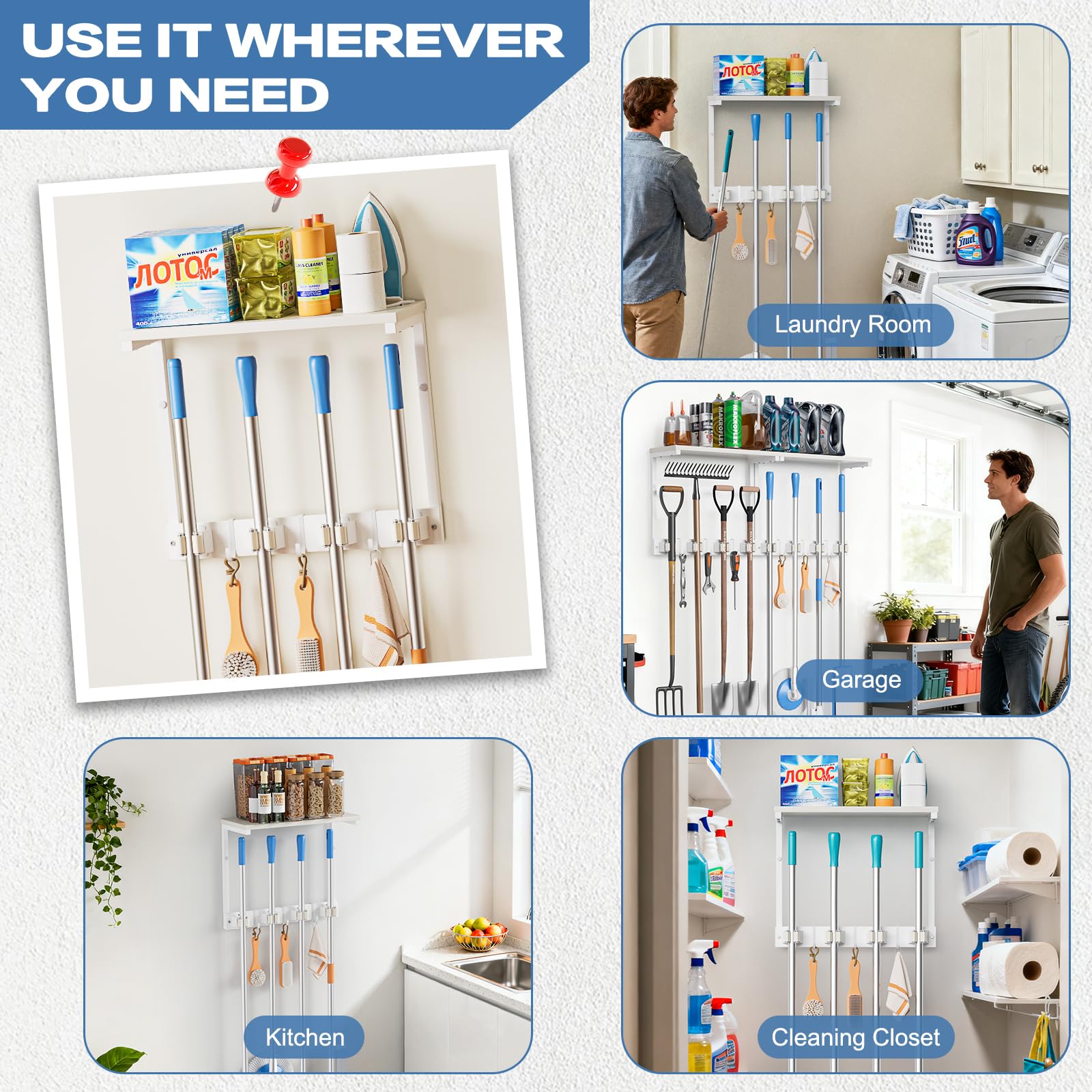 Broom Holder Wall Mount with Cleaning Supplies Organizer