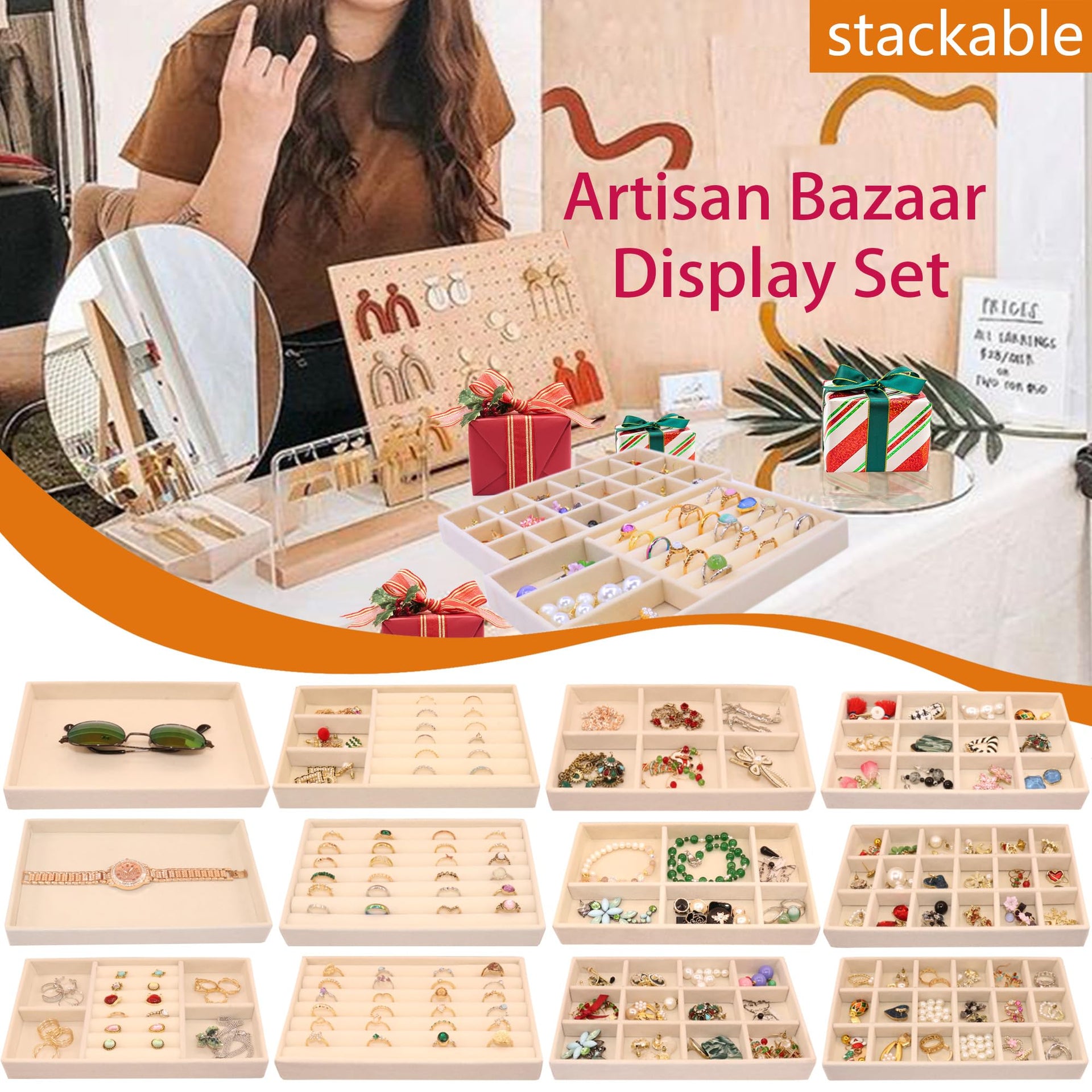 12Set Jewelry Trays Velvet Jewelry Display Plate Stackable Jewelry Drawer Organizer Earring Organizer for Women (12 Count)