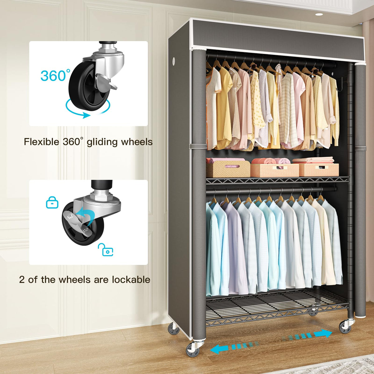 Black Clothing Rack with Dark Gray Cover