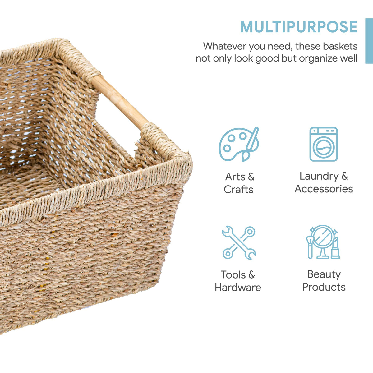 Large Wicker Basket Rectangular with Wooden Handles for Shelves (3 Count)
