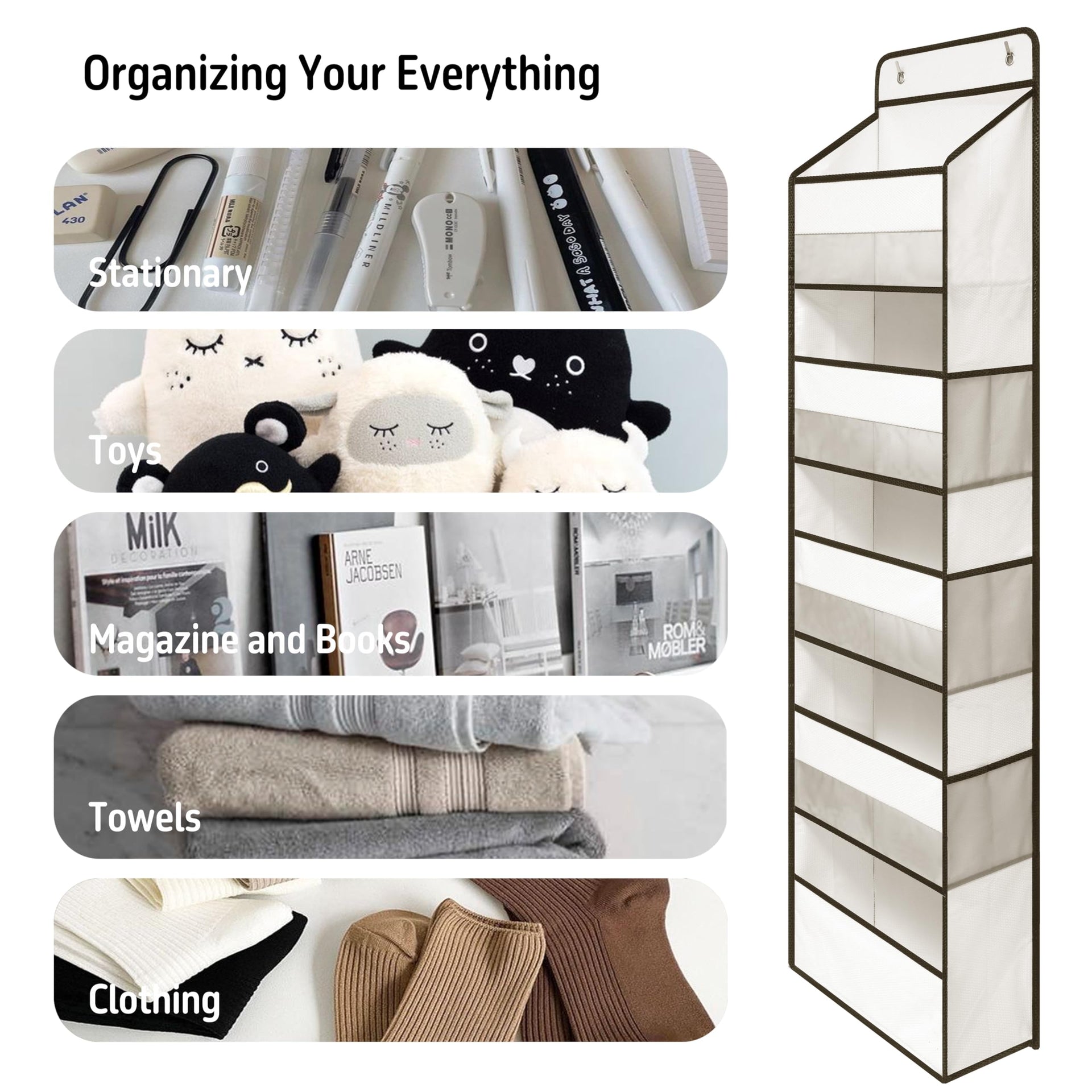 White Over Door Organizer with 5 Large Clear Pockets and 6 Side Mesh Pockets