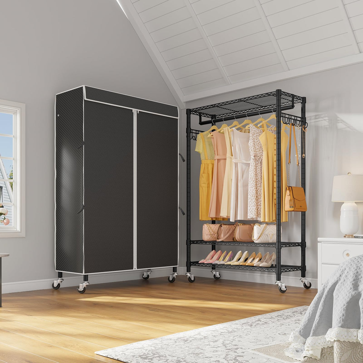 R3C Portable Closet for Hanging Clothes Rolling Rack with Cover
