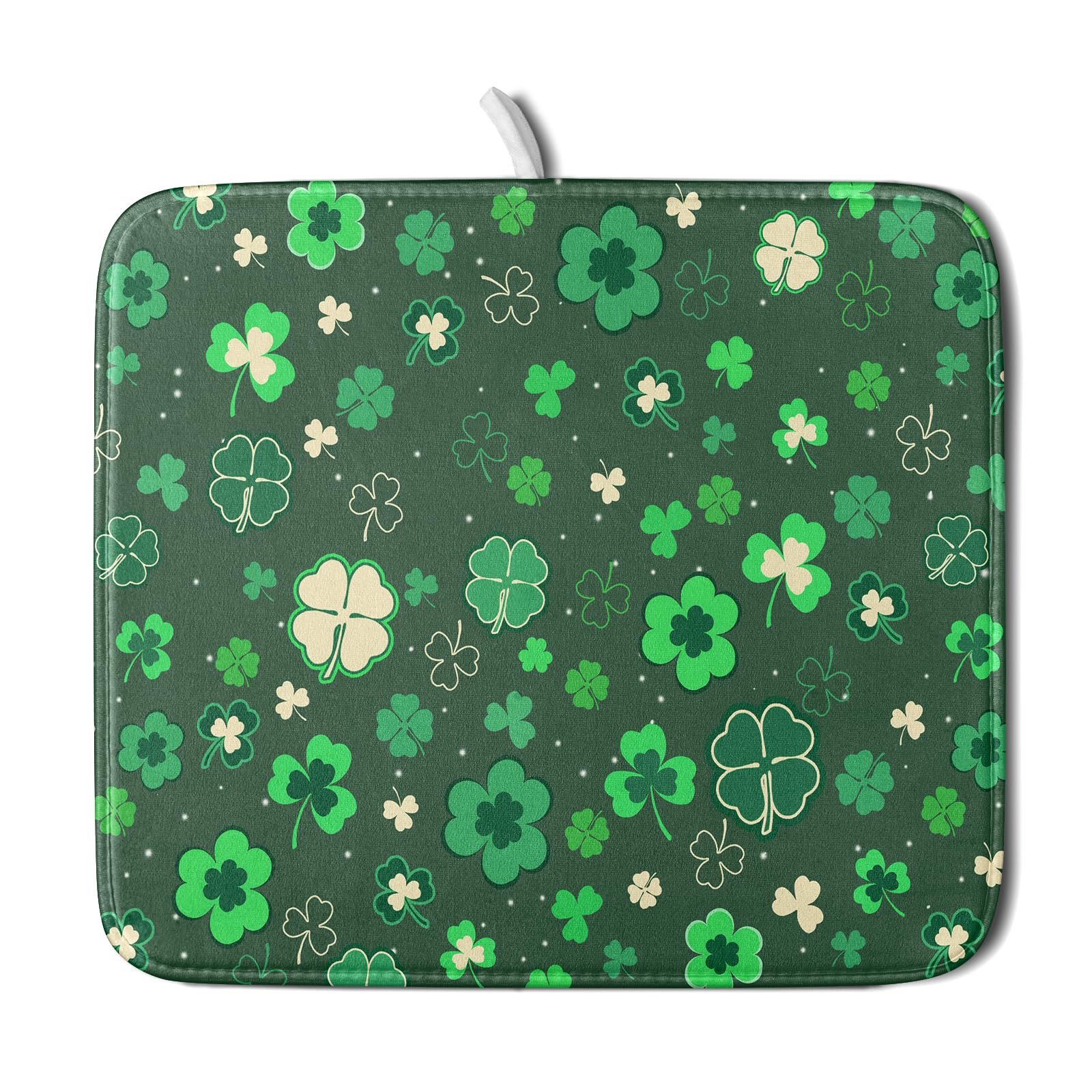 Happy St. Patrick's Day Dish Drying Mat for Kitchen Green Lucky Shamrock Clover Dish Drying Mat for Dishes Spring Irish Drying Mats 18x16 Inch Absorbent Reversible Dish Pad for Countertop Coffee Bar