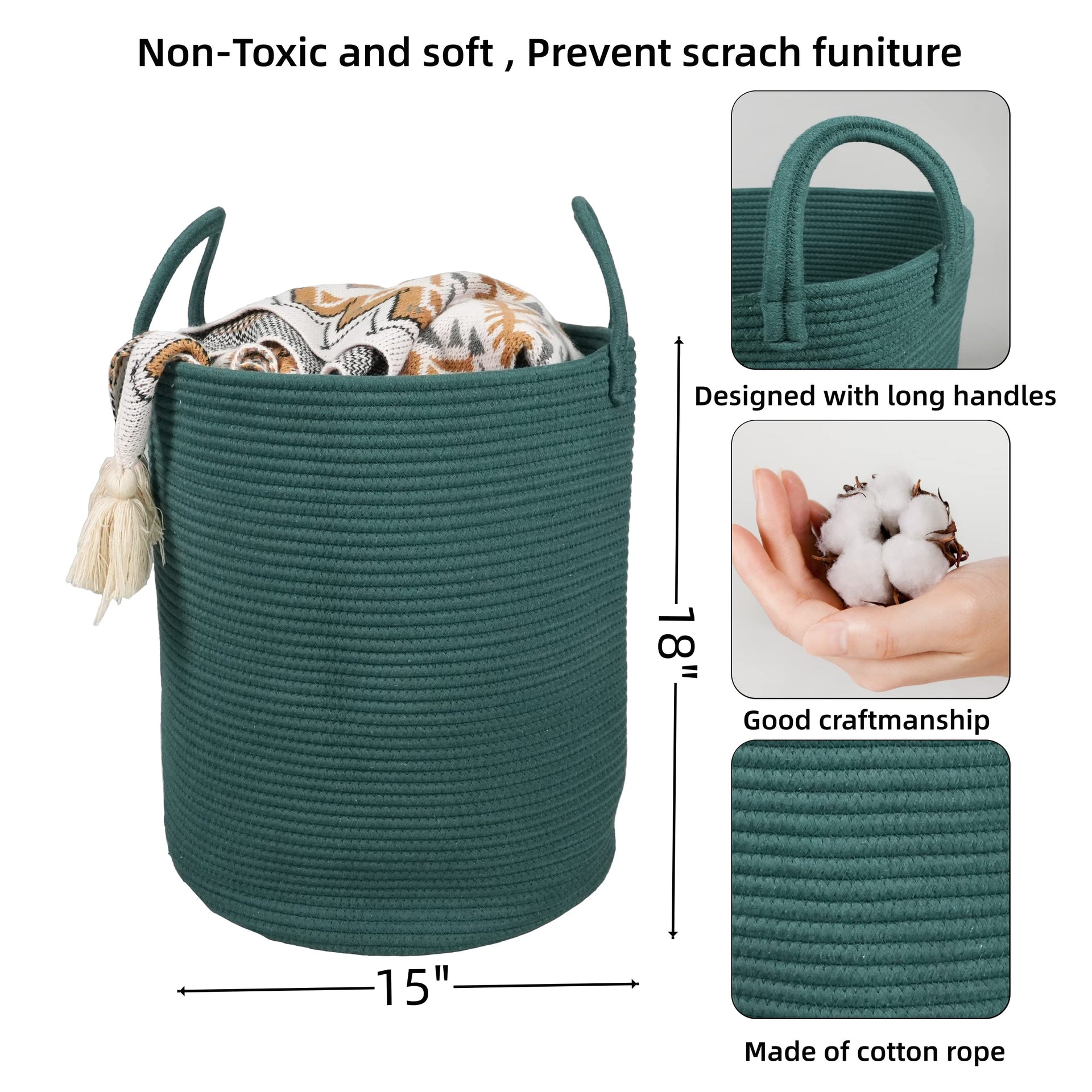 Cotton Rope Laundry Basket Hamper for Clothes Large Dark Green