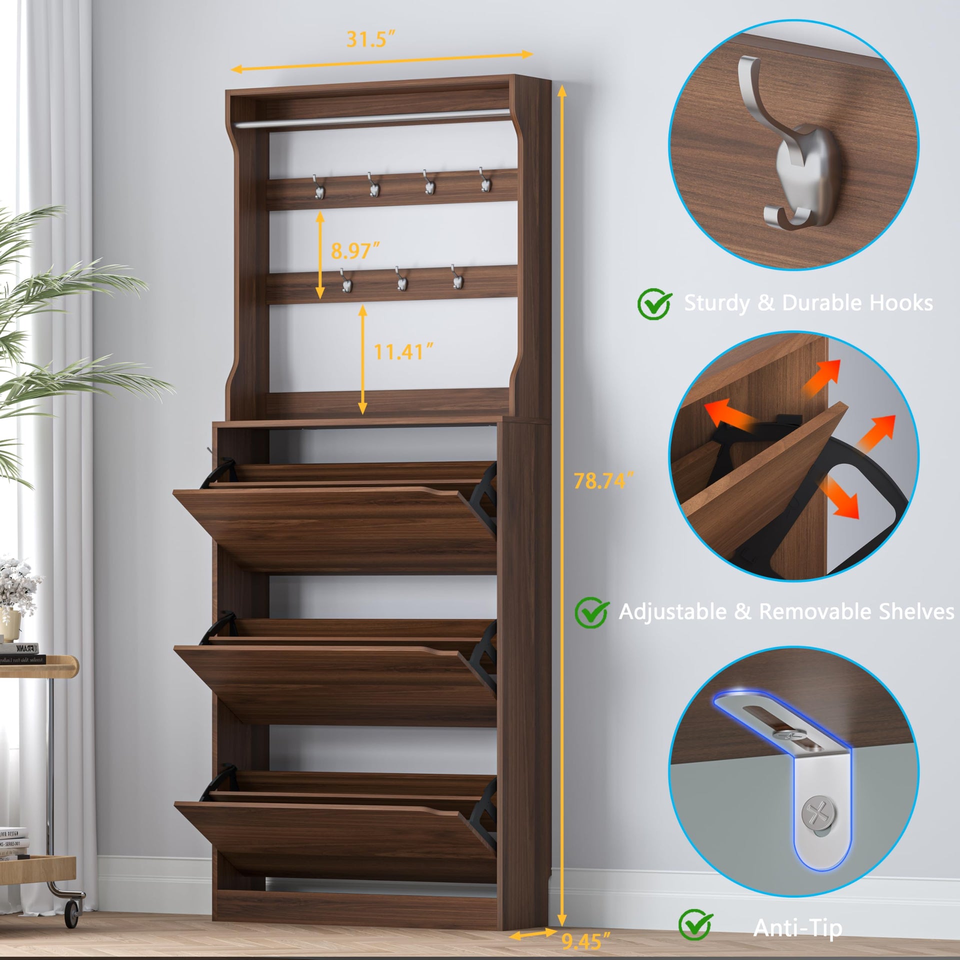 Shoe Cabinet with 3 Flip Drawers & Coat Rack