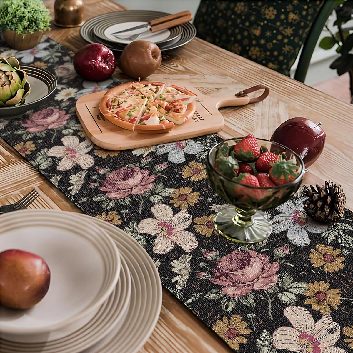 Black Retro Floral Shelf Drawer Liner for Kitchen Non (9.67 Sq Ft)