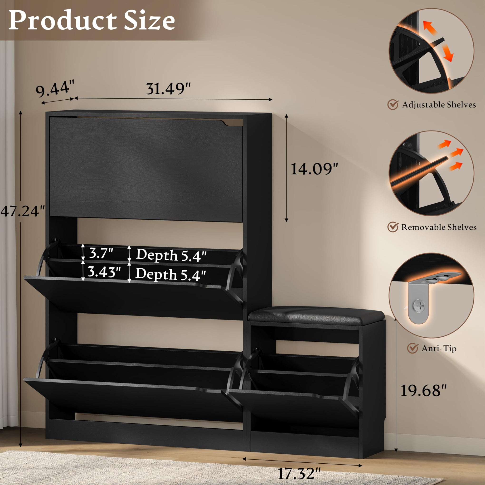 Shoe Cabinet with Bench and 3 Flip Drawers