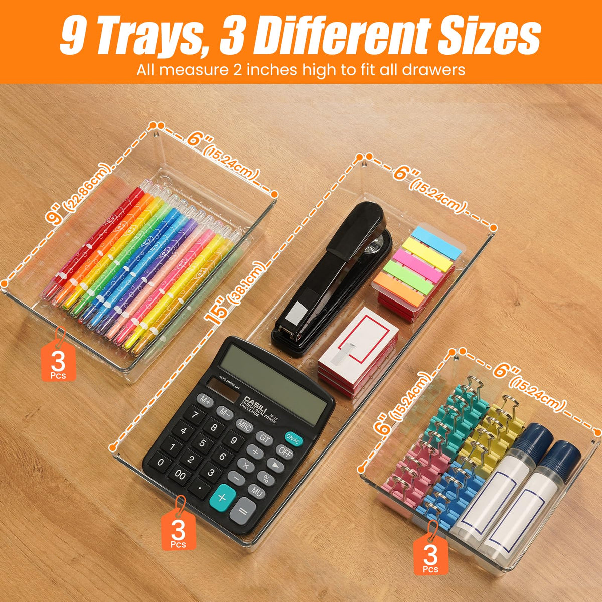 9 Pack Clear Plastic Drawer Organizer Set (9 Count)