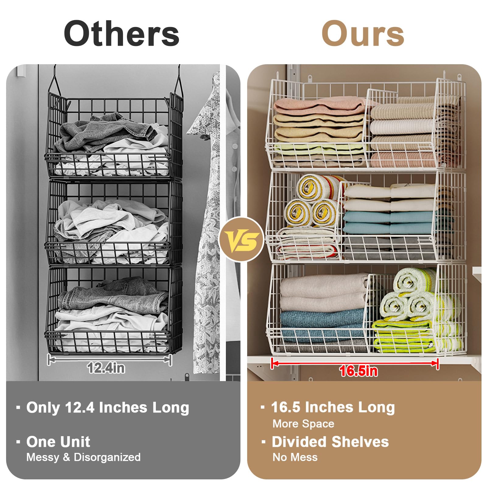 3 Tier Extra Large Closet Hanging Shelves with Divider (3 Count)
