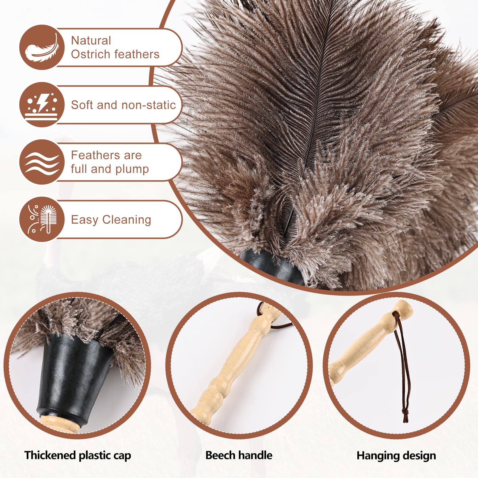 Ostrich Feather Duster 14" Natural Handheld Reusable Feathers Dusters with Wooden Handle for Cleaning Supplies Home Car Office (3 Count)
