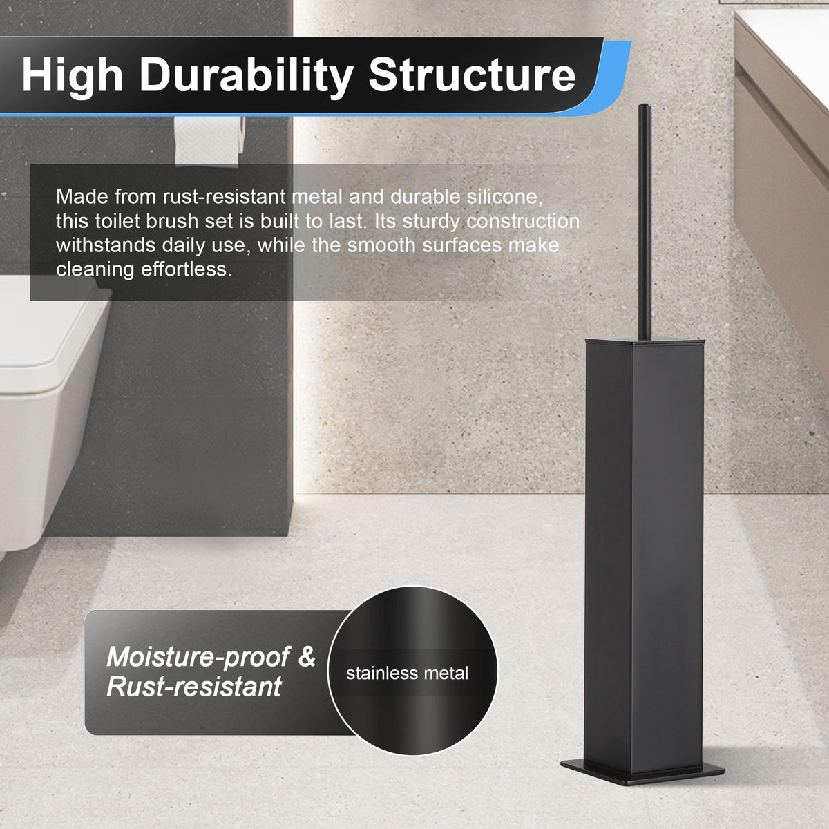 Toilet Brush and Holder Set Black Stainless Steel 304 Square Freestanding Toilet Brush for Bathroom