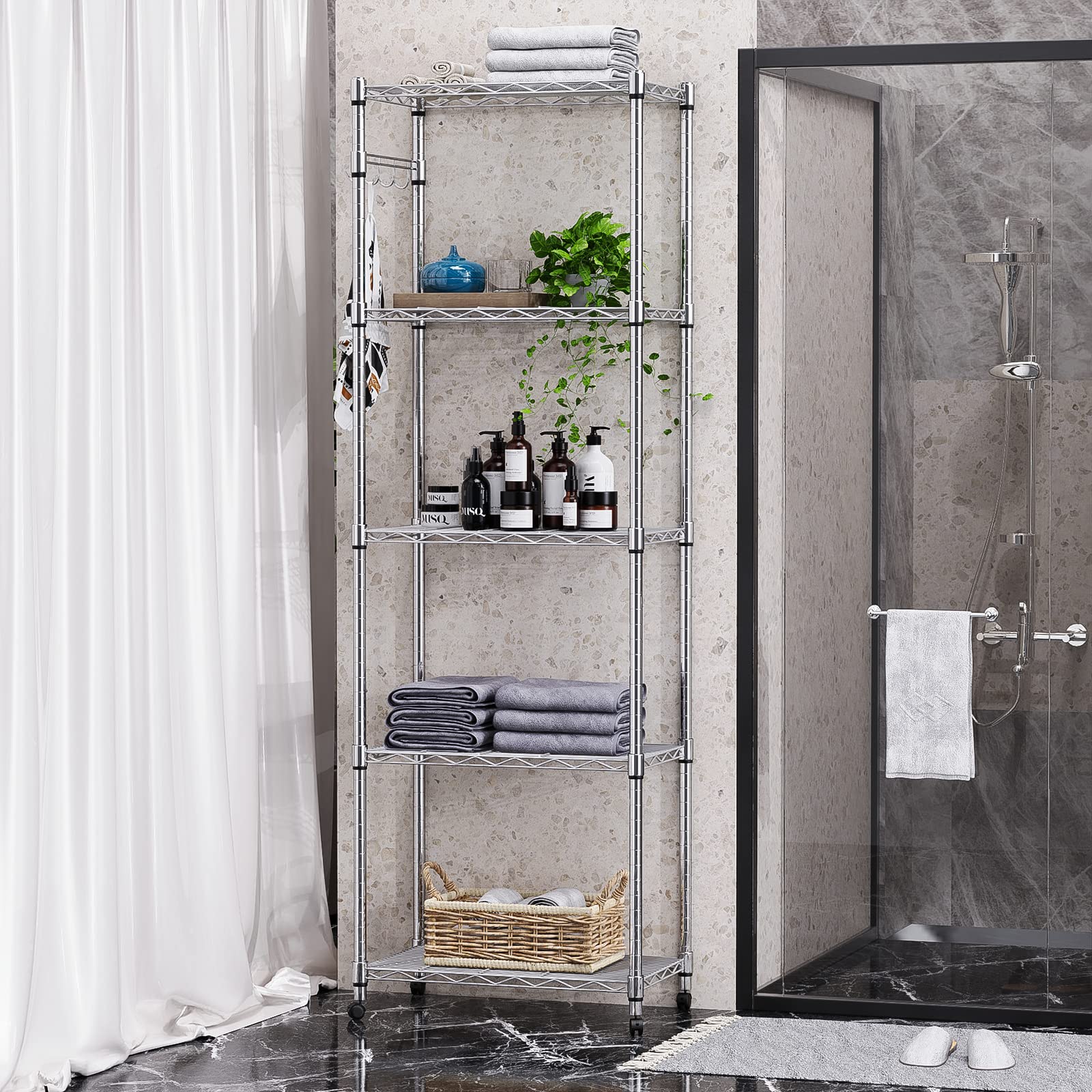 5 Tier Storage Shelf Wire Shelving Unit on Wheels Heavy Duty Metal Shelves Adjustable Steel Rack Organization for Kitchen Garage Basement
