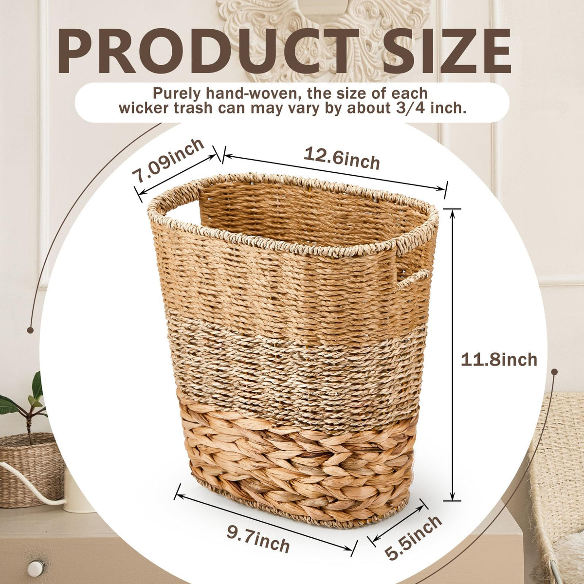 2 Pcs Wicker Trash Can with 50 Small Trash Bag Wicker Waste Woven Basket with Handles Clear Multi Use Garbage Bags for Bathroom Kitchen Bedroom (52 Count)