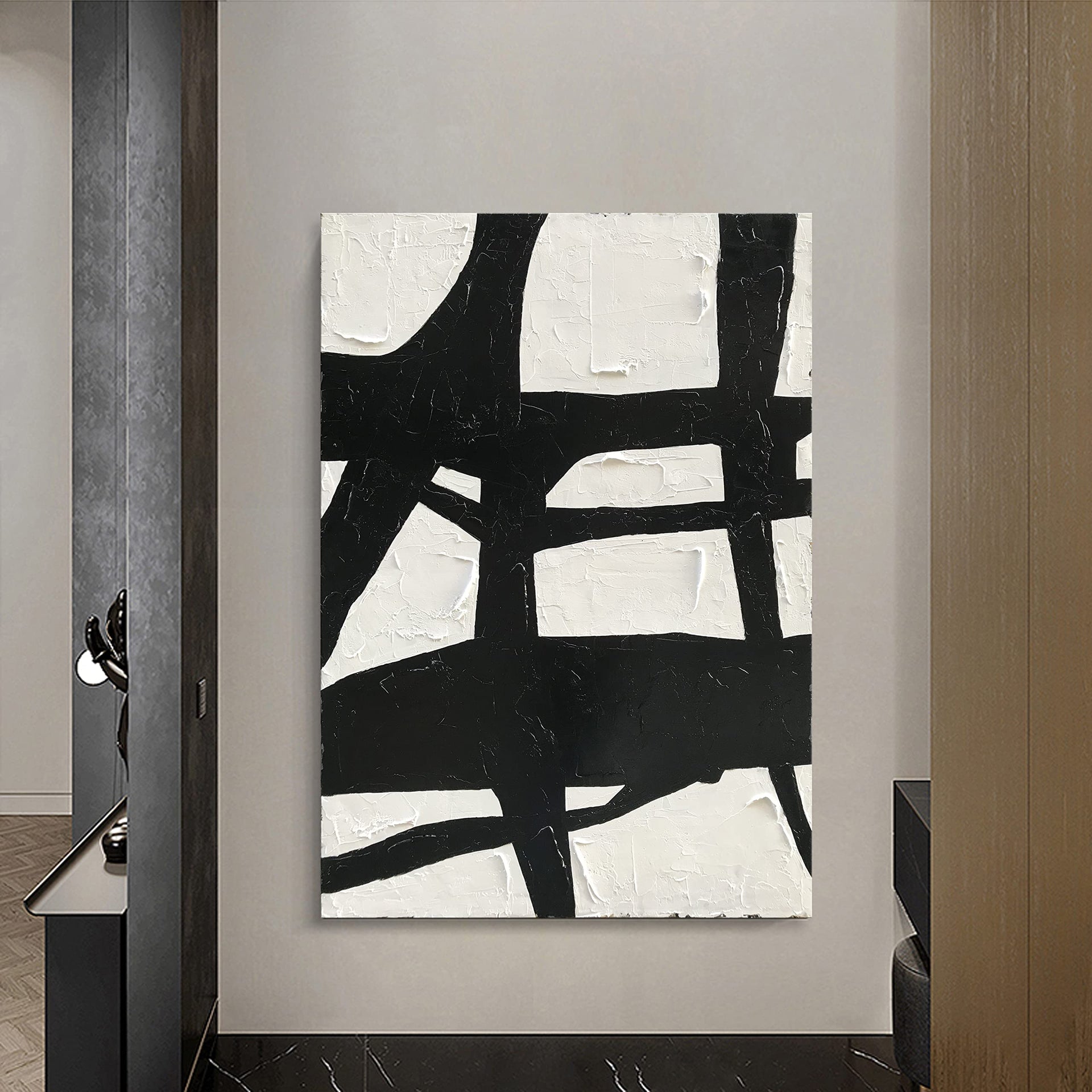 Art Hand Painted Large Black and White Abstract contemporary minimalist oil painting work It is suitable for decorating the interior office walls and its size is 48x36 inches