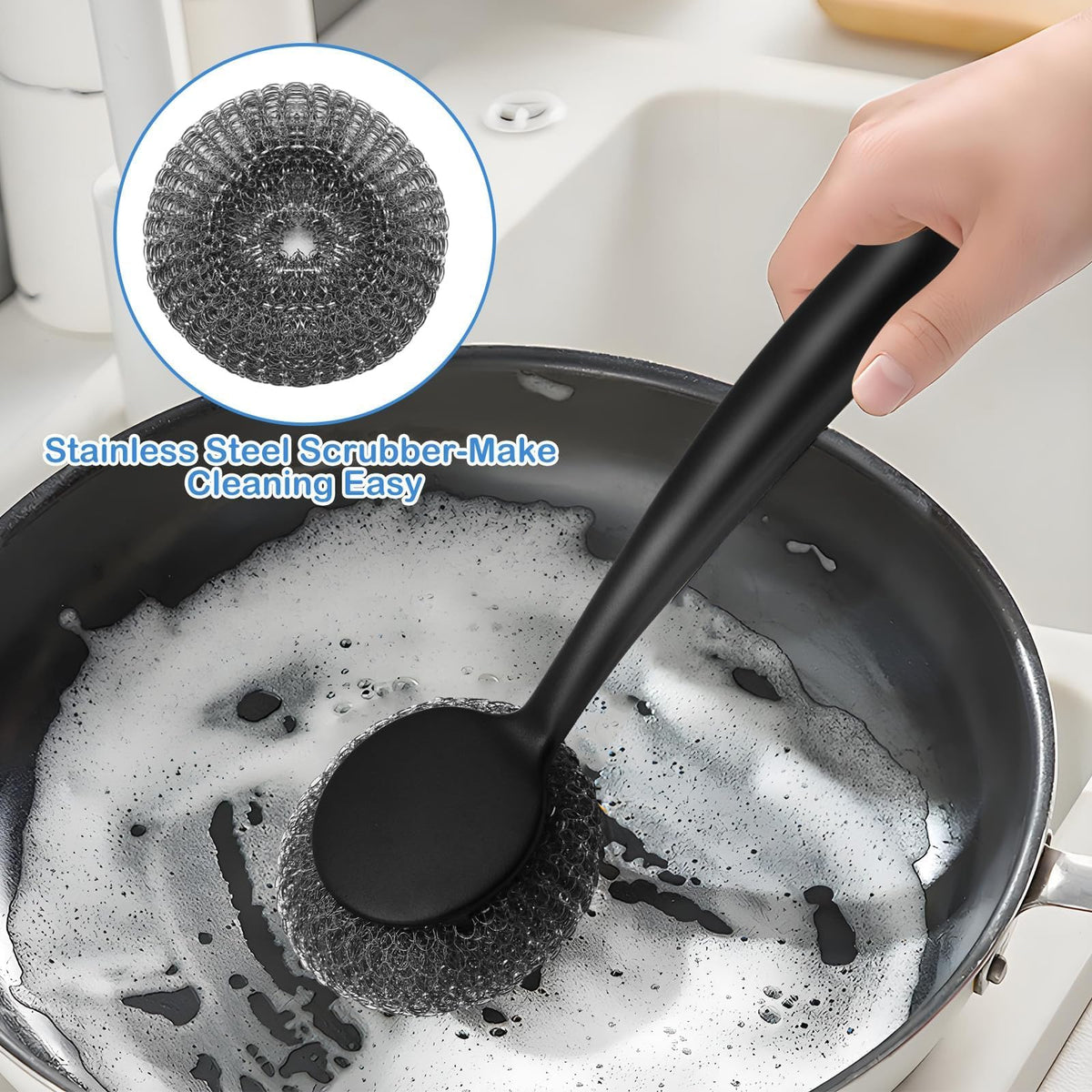 Scrubber with Handle Comes with Three Replacement Balls Steel Wool
