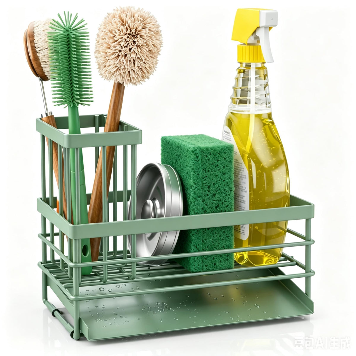 Sink Caddy Sponge Holder for Kitchen with Brush Holder and Stainless Steel Self Drain Tray