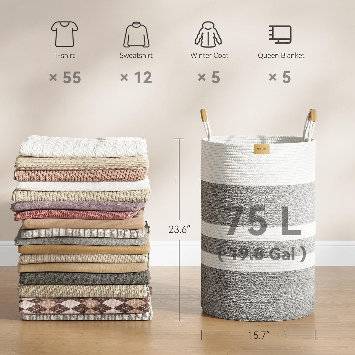 75L Striped Laundry Hamper with Leather Handles