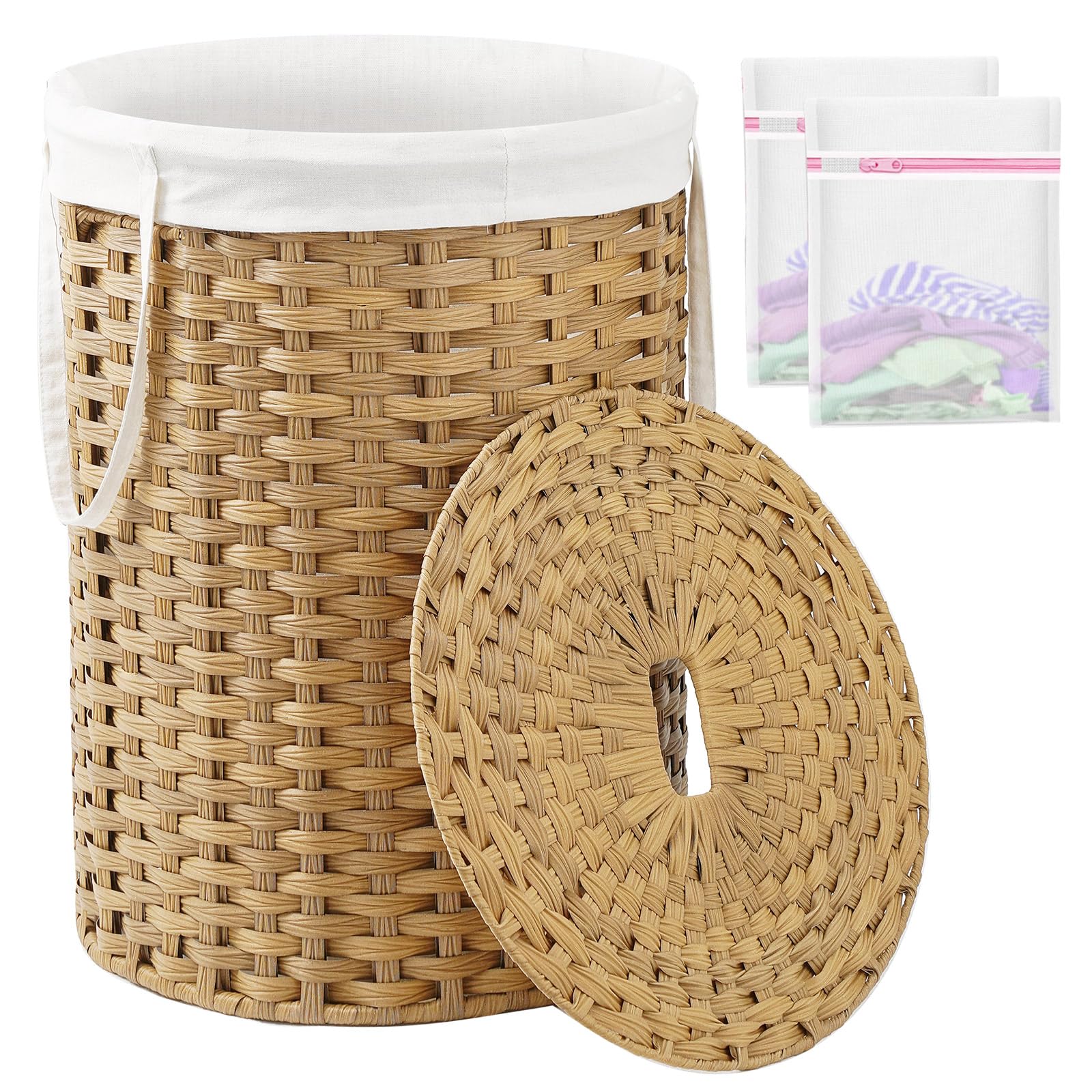 Laundry Basket with Lid Round 29.1 Gal PE Rattan