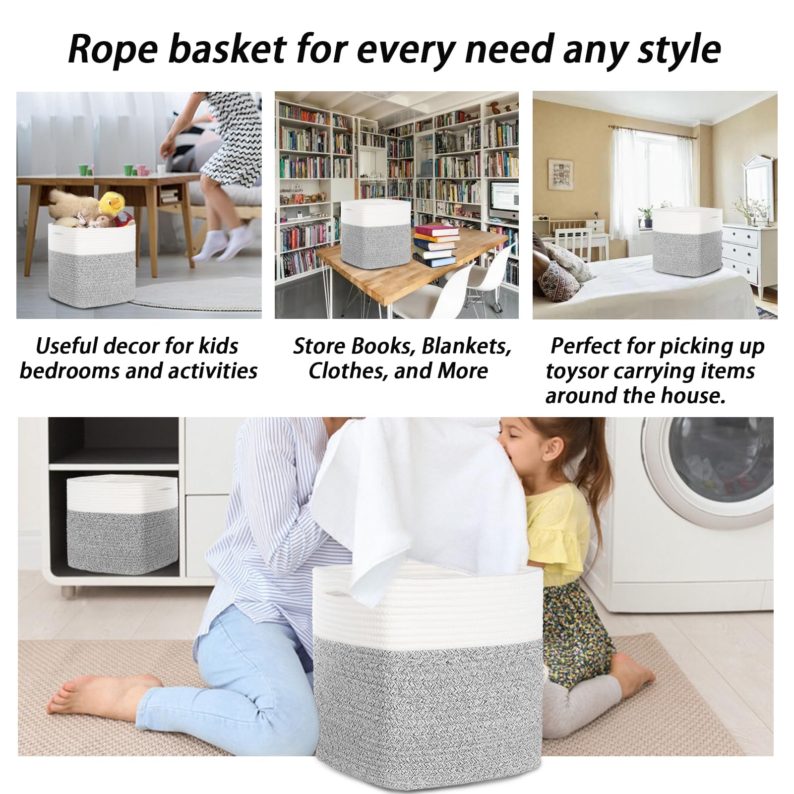 3PACK Cotton Rope Square Basket with Handles for Shelves