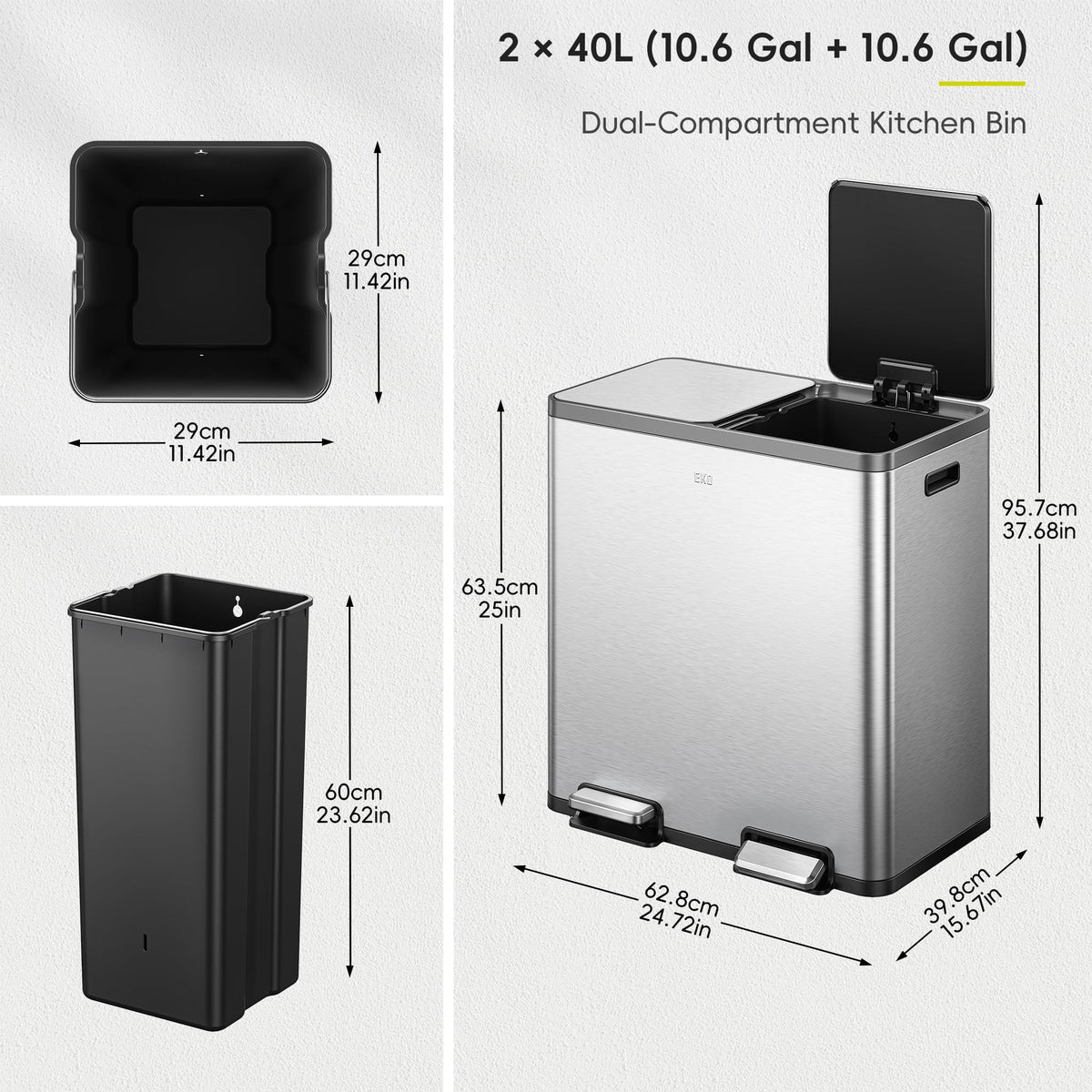 EcoCasa Plus 2 x 10.6 Gal Dual Recycling Trash Can for Kitchen