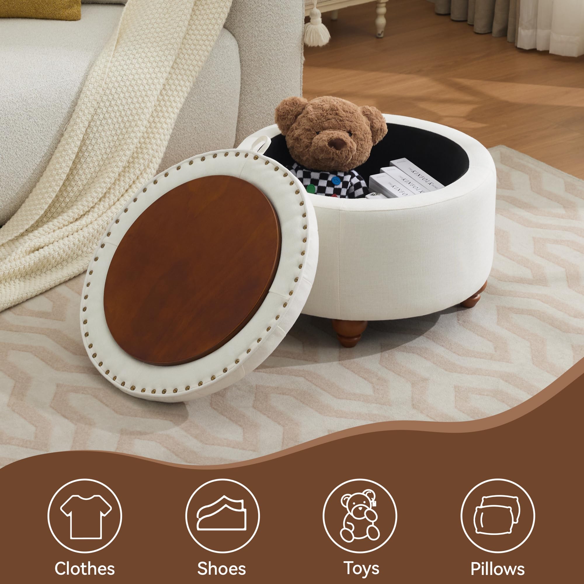 24Inch Round Storage Ottoman with Tray