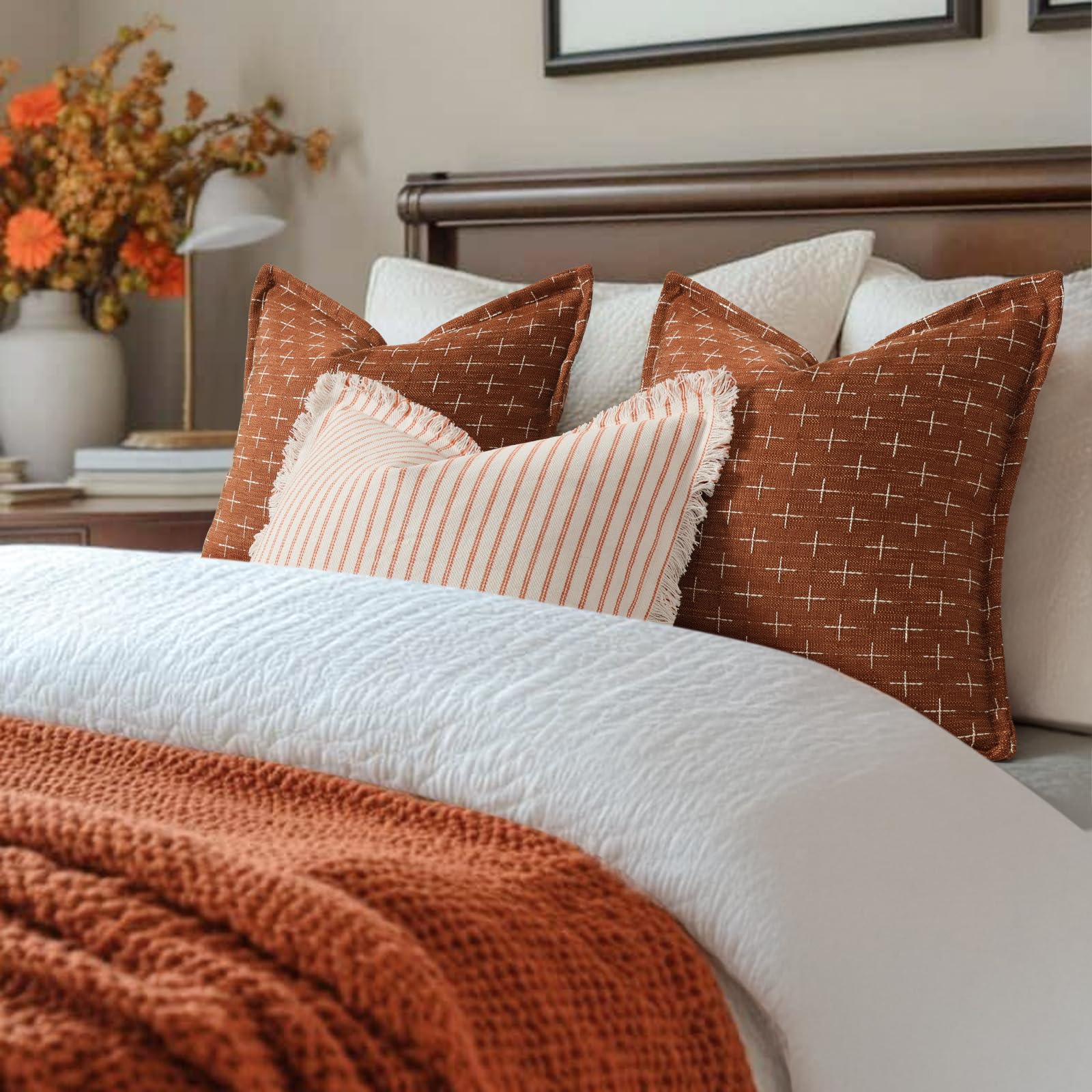 Fall Pillow Covers 24x24 Set of 2 Soft Polyester Textured Rust Pillow Covers with Stylish Flange Edge Cozy Farmhouse Throw Pillows for Couch Bed Sofa Living Room Fall Decor (2 Count)