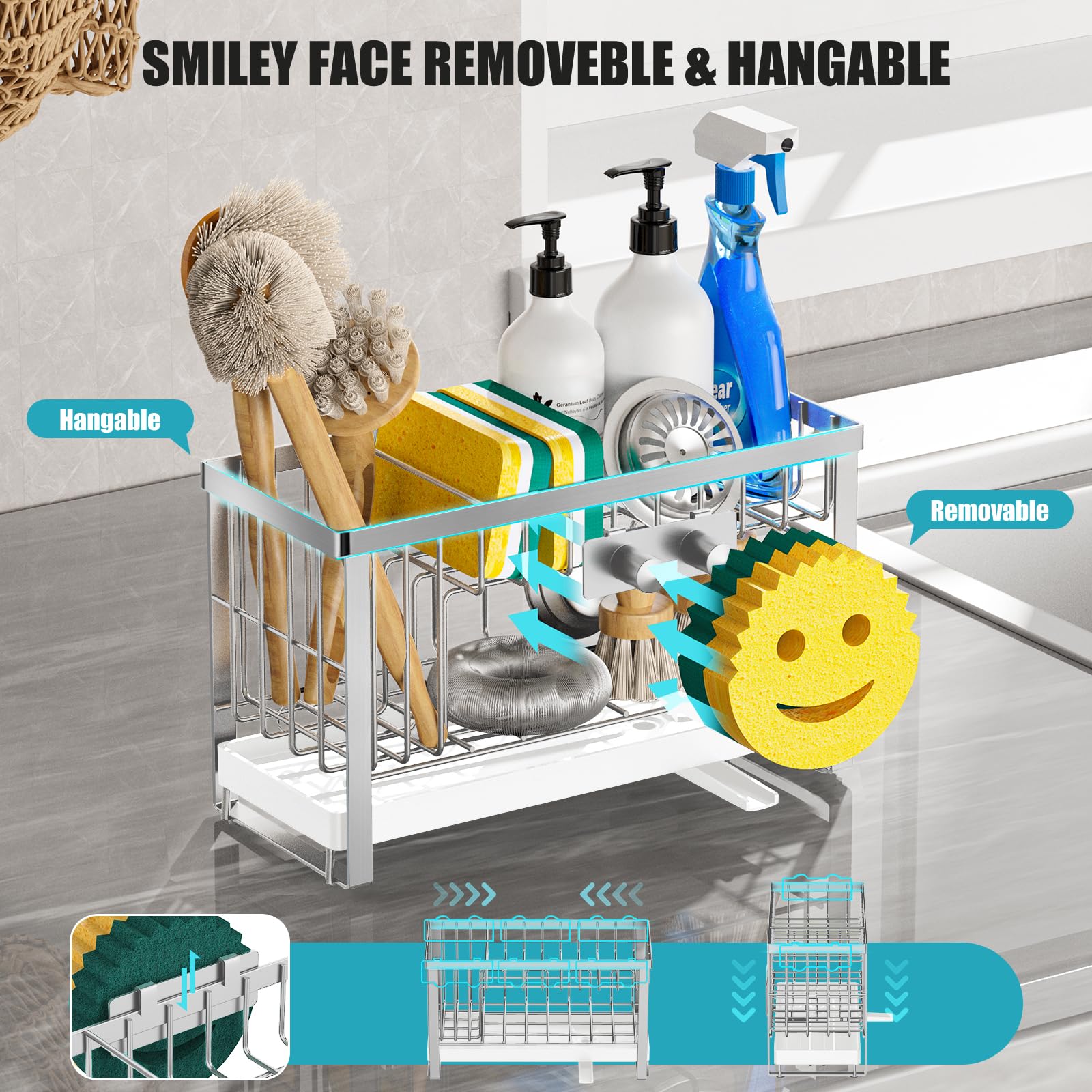 Sponge Holder for Kitchen Sink with Flexible Sink Caddy Smiley Face