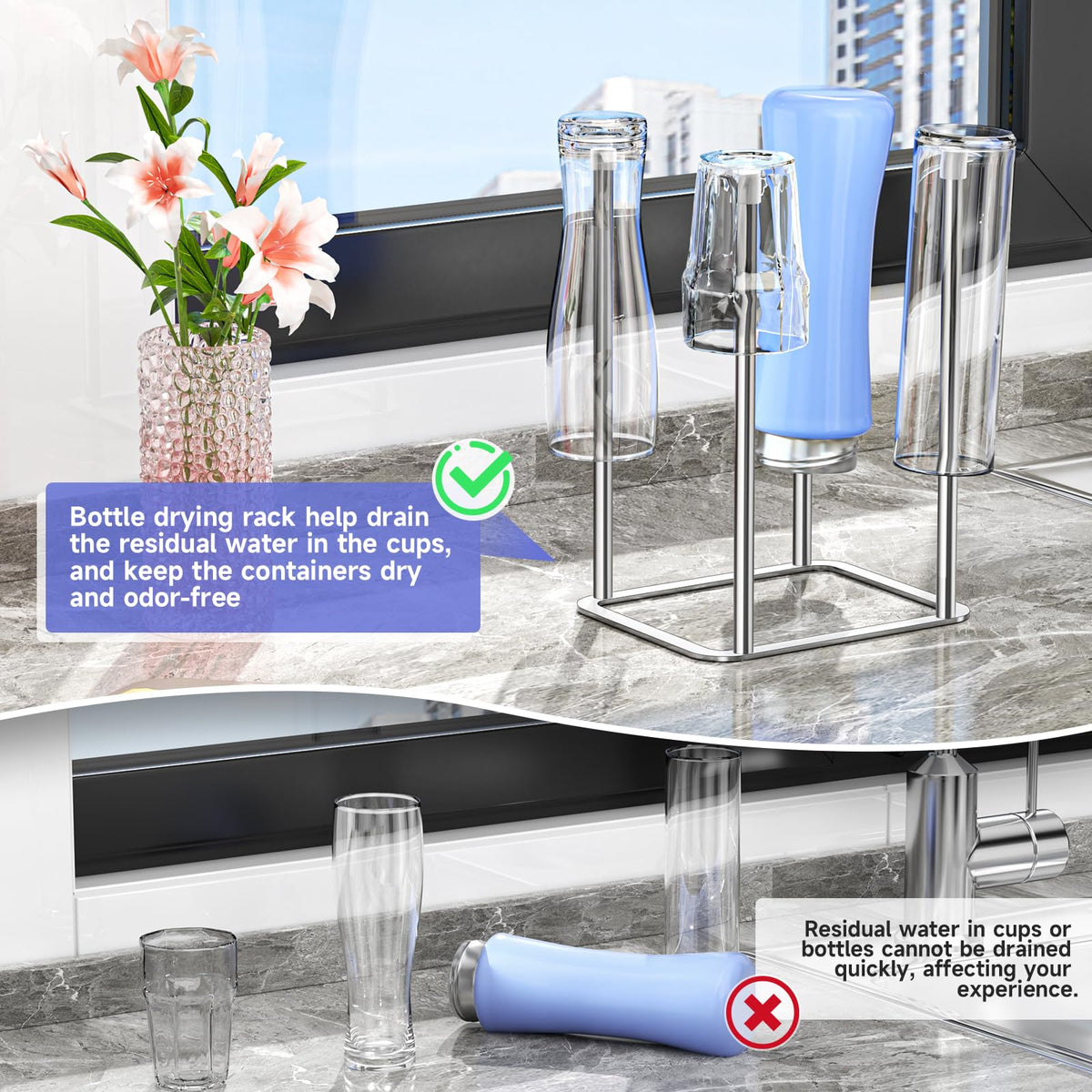 Water Bottle Drying Rack Reusable Bottle Rack Dryer Kitchen Stand Holder Metal Countertop Baby Bottle Drying Rack Water Cup Drying Rack for Plastic Bags