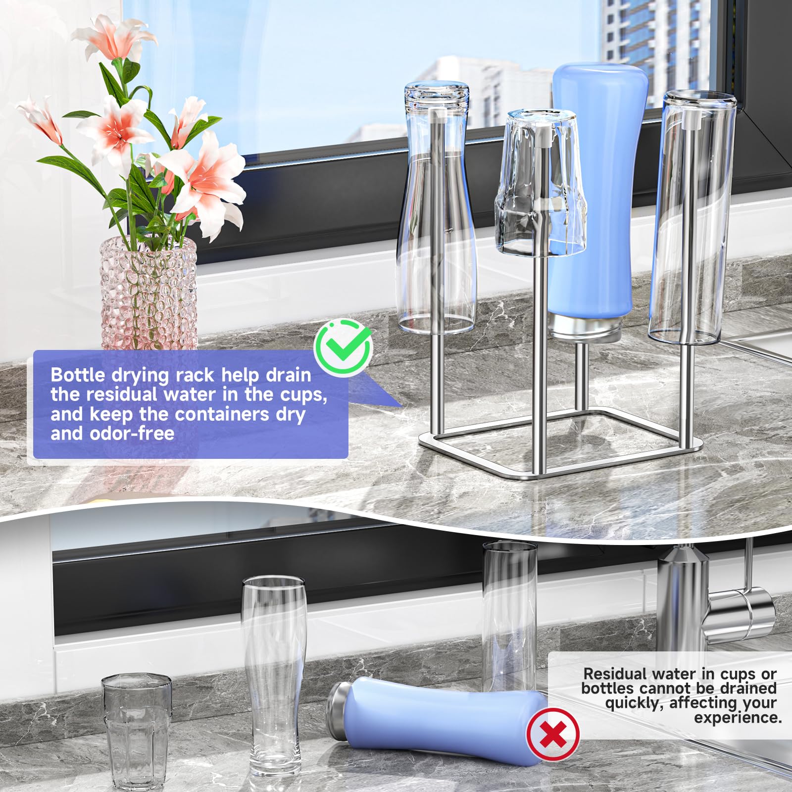 Water Bottle Drying Rack Reusable Bottle Rack Dryer Kitchen Stand Holder Metal Countertop Baby Bottle Drying Rack Water Cup Drying Rack for Plastic Bags