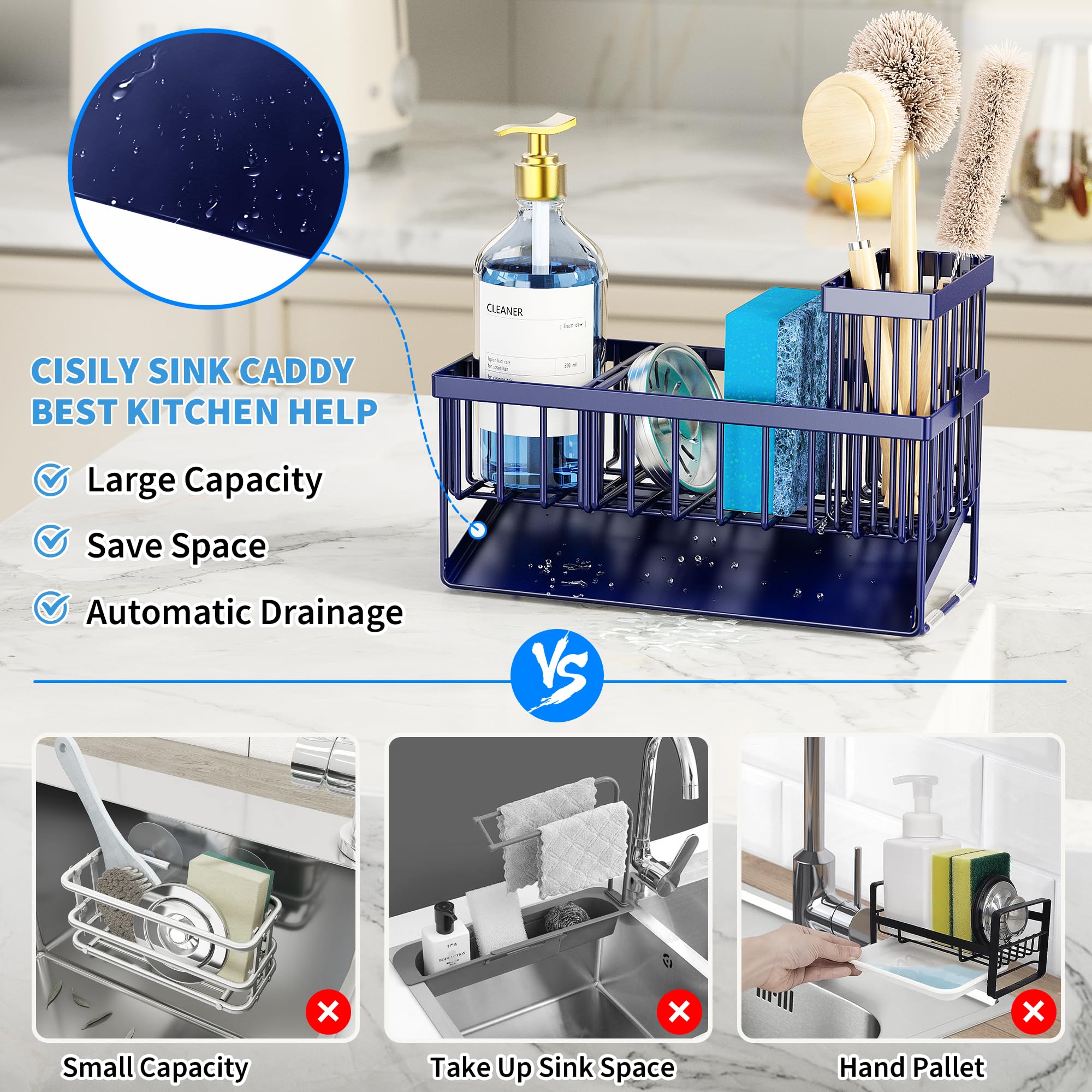 Navy Blue Sink Caddy Organzier with High Brush Holder