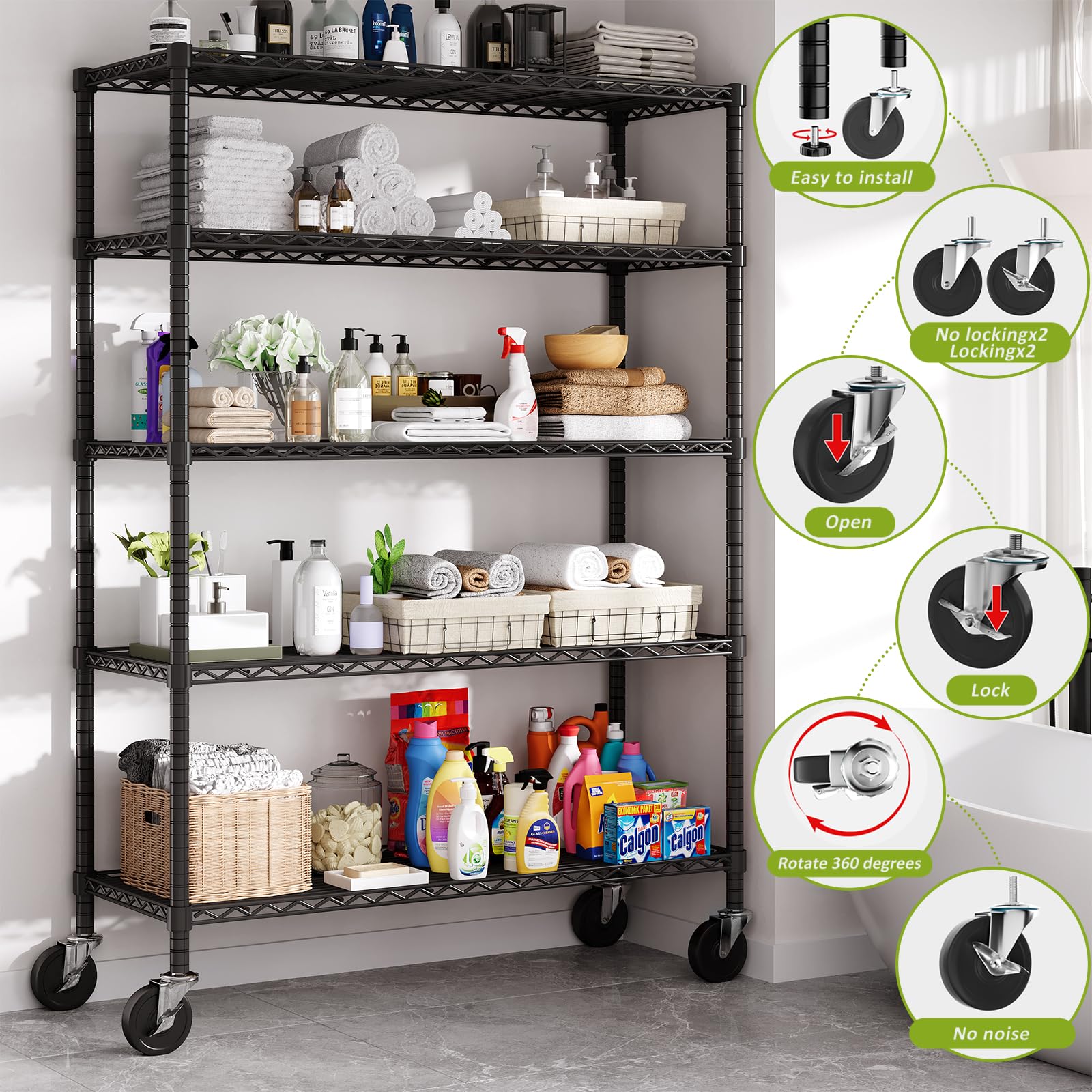 45" W x 20" D x 72" H Wire Shelving Unit with Lockable Wheels