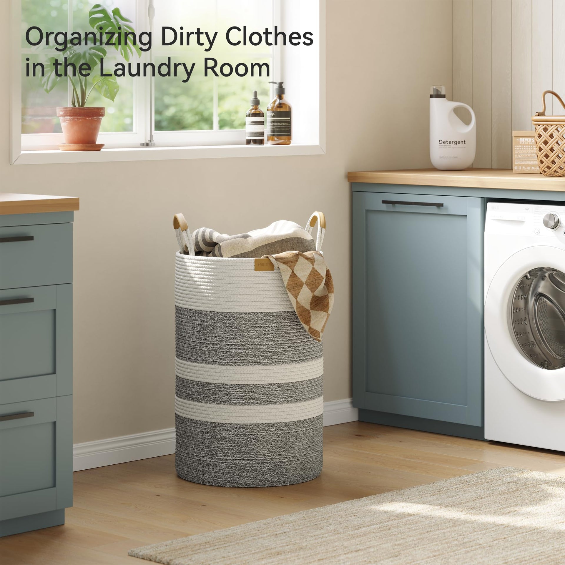 75L Striped Laundry Hamper with Leather Handles