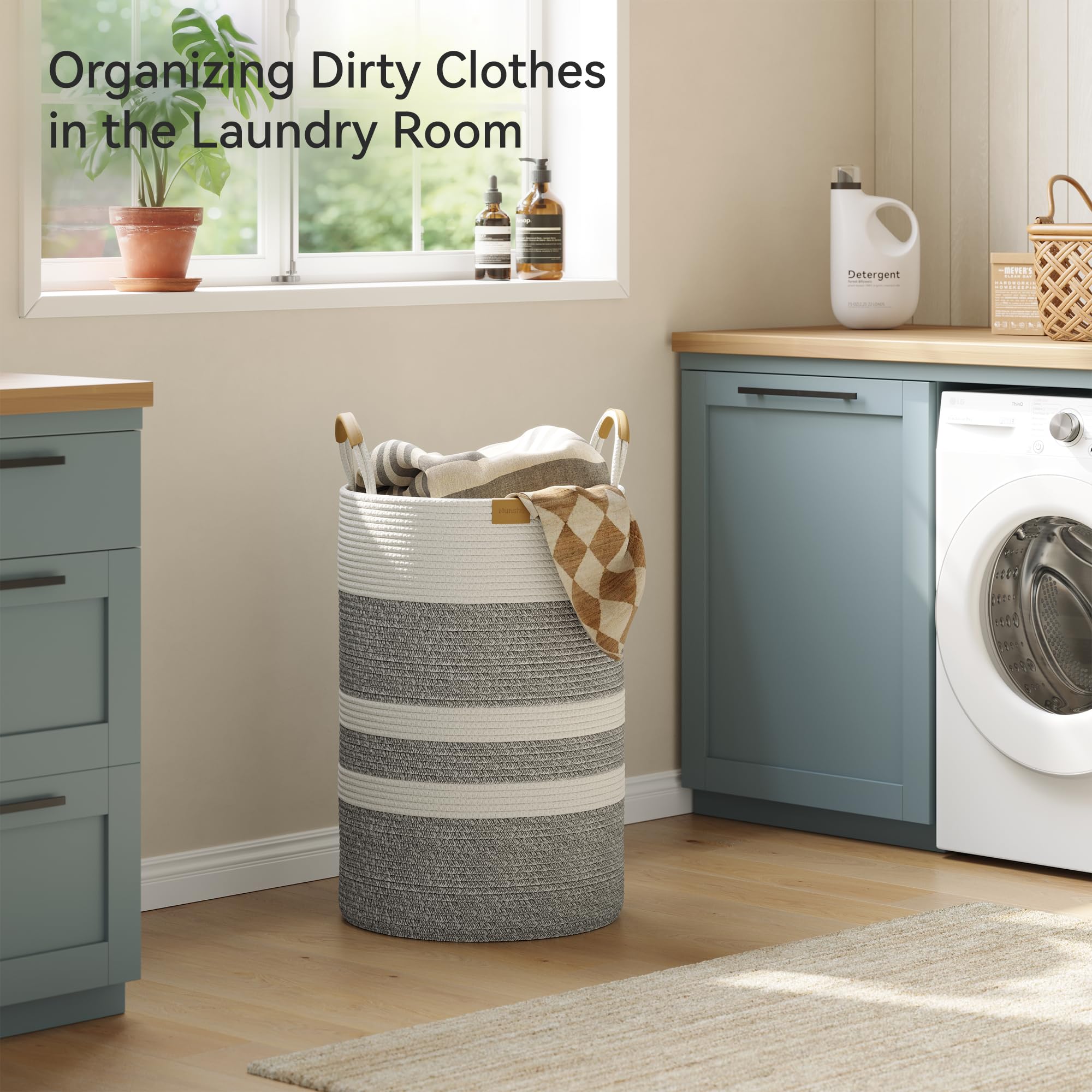 75L Striped Laundry Hamper with Leather Handles