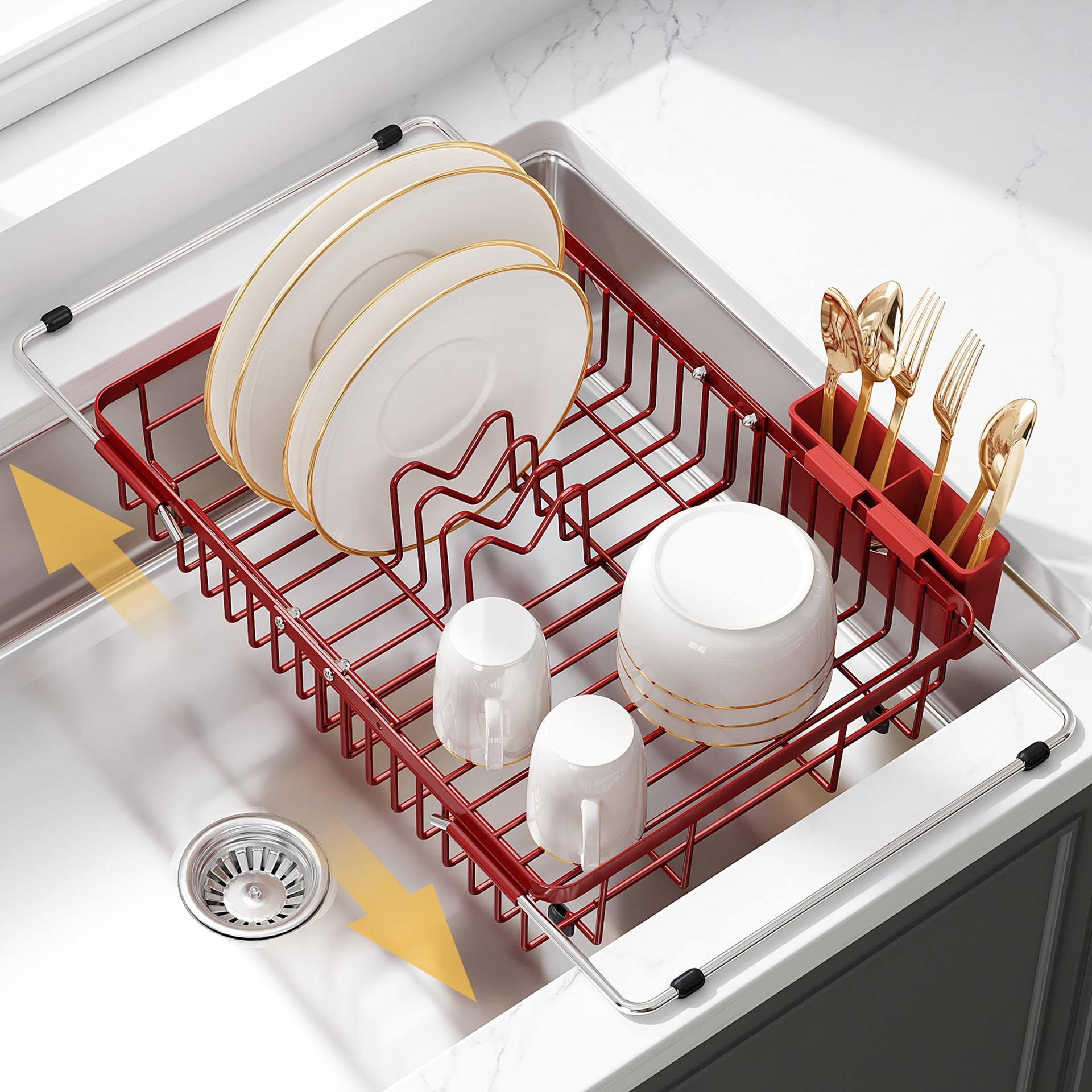 Red Dish Drying Rack Over the Sink with Utensil Holder