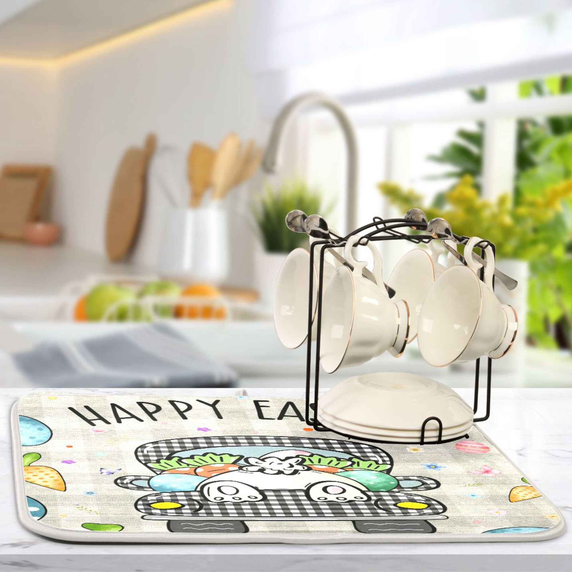 Easter Eggs Bunny Rabbit Dish Drying Mat Quick Absorbent 16x18 Easter Day Black White Buffalo Plaid Kitchen Drying Mat for Countertop Sink Reusable Dishes Mats Kitchen Essentials