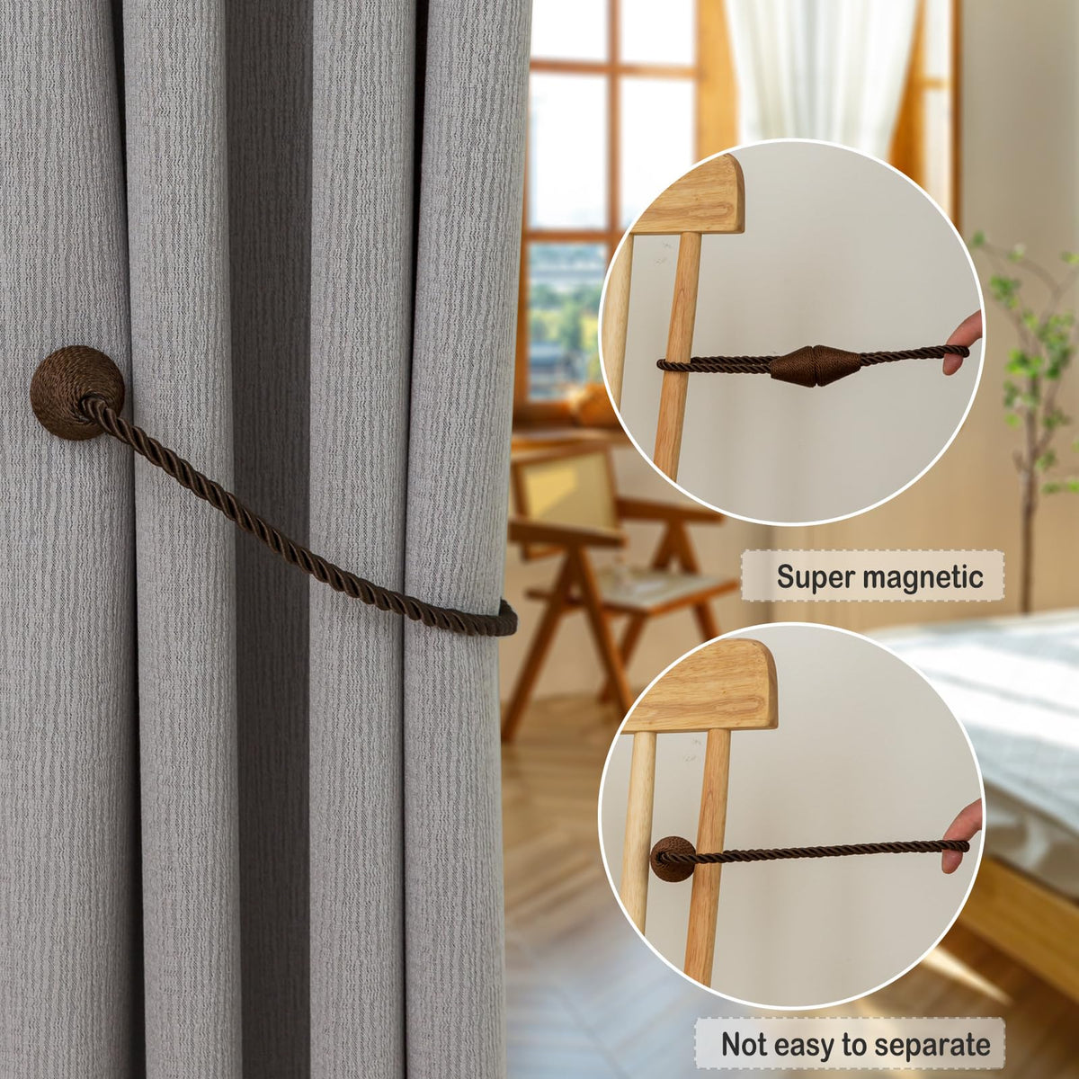Magnetic Curtain Tiebacks 4 Pack Outdoor Rope Curtain Tie Backs Decorative Window Treatment Holdbacks for Home Decorative Curtain (4 Count)
