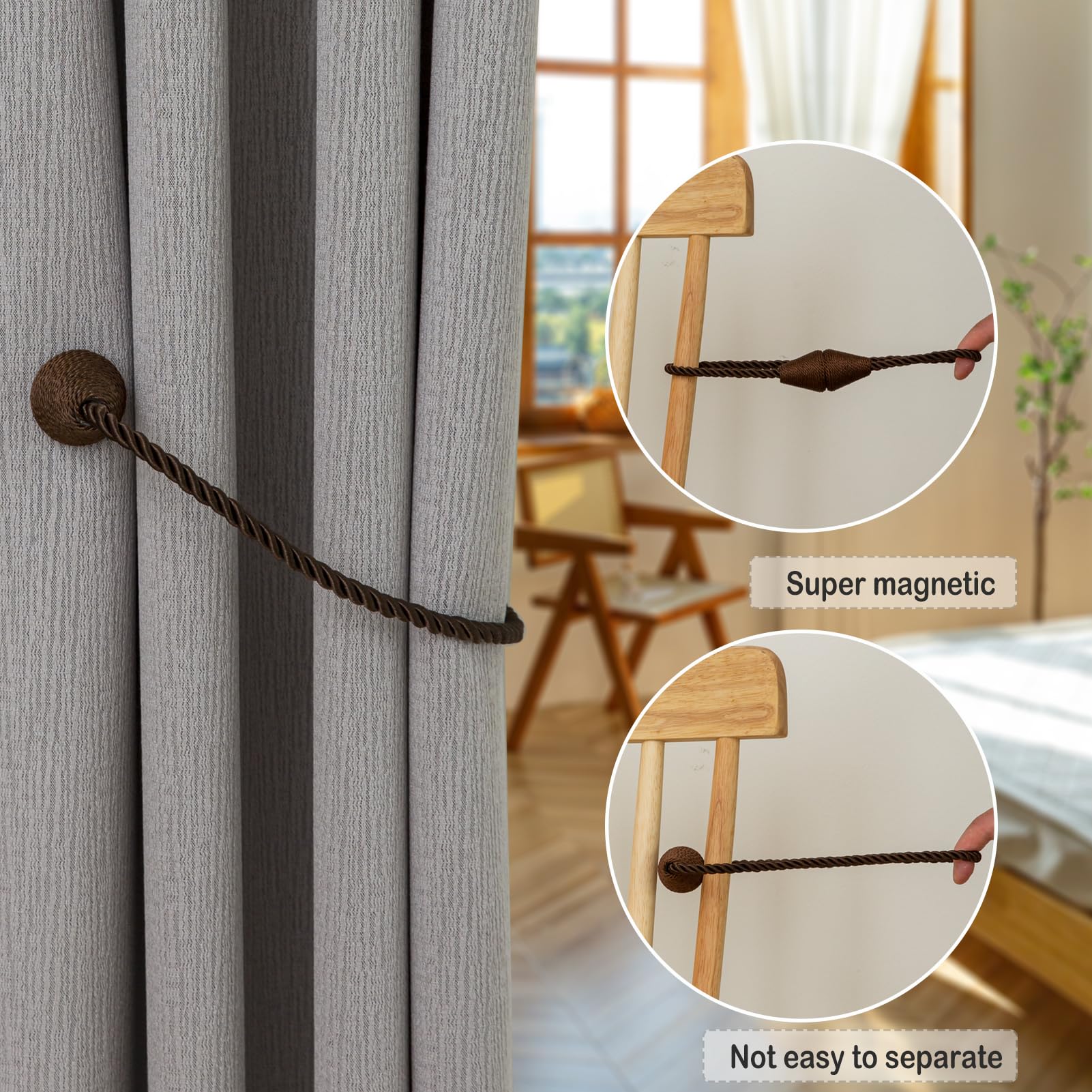 Magnetic Curtain Tiebacks 8 Pack Outdoor Rope Curtain Tie Backs Decorative Window Treatment Holdbacks for Home Decorative Curtain (8 Count)