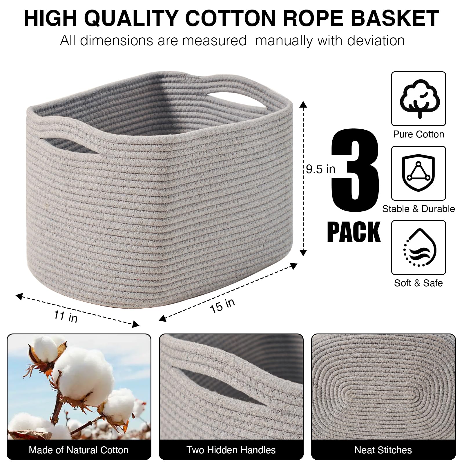 Storage Baskets for Organizing Shelves (3 Count)